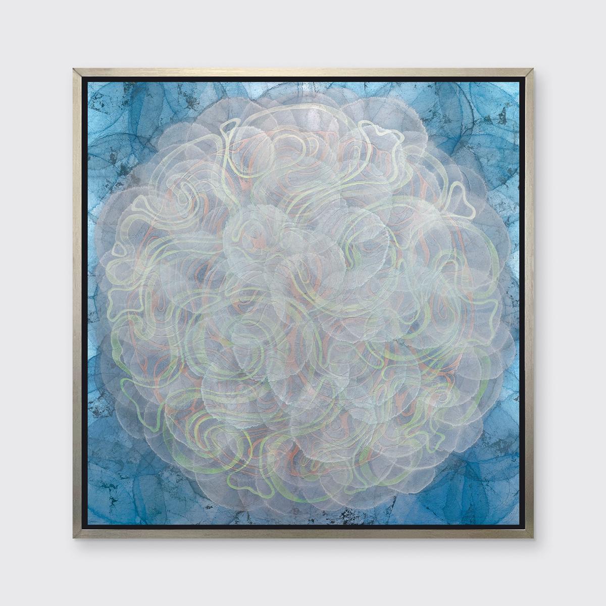 This abstract geometric limited edition print by Roger Mudre features a large circle shape at the center of the composition, composed of swirling green, orange, and silvery white lines, and a cool blue perimeter. 

This Limited Edition giclee print