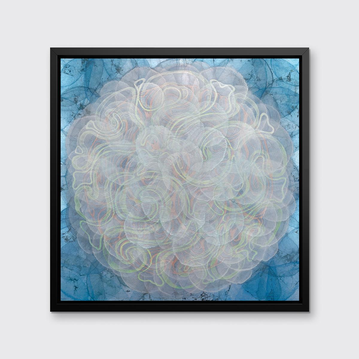 This abstract geometric limited edition print by Roger Mudre features a large circle shape at the center of the composition, composed of swirling green, orange, and silvery white lines, and a cool blue perimeter. 

This Limited Edition giclee print