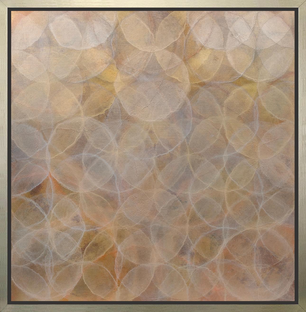 This abstract contemporary painting by Roger Mudre features a cool-toned palette with an iridescent quality. Circles with light outlines overlap one another in varying blue, green, white shades to create a larger blue circular form at the center of