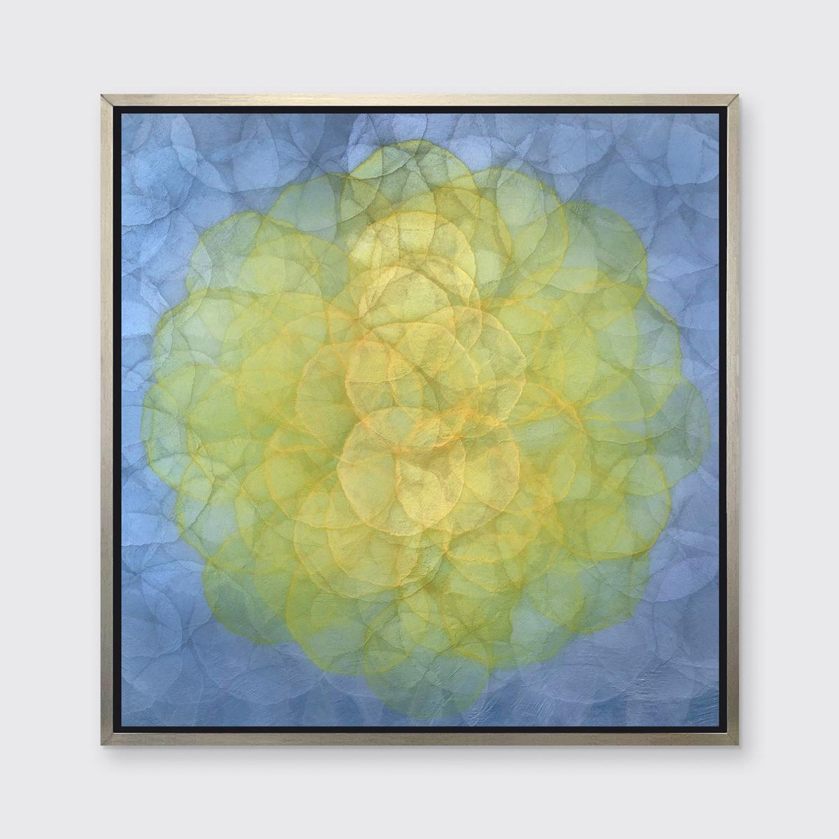 This abstract limited edition print by Roger Mudre features a vibrant palette with small concentric circles composing a larger yellow circle at the center of the composition, and a cool silverly grey lavender perimeter. This Limited Edition giclee