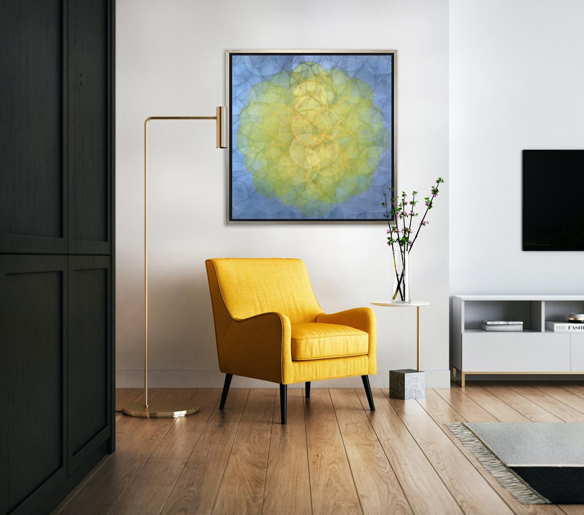 This abstract limited edition print by Roger Mudre features a vibrant palette with small concentric circles composing a larger yellow circle at the center of the composition, and a cool silverly grey lavender perimeter. This Limited Edition giclee