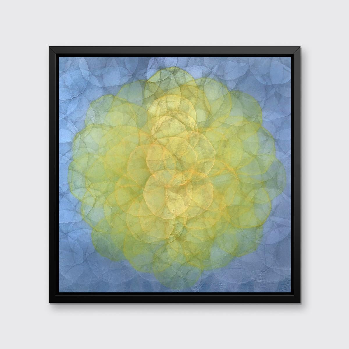 This abstract limited edition print by Roger Mudre features a vibrant palette with small concentric circles composing a larger yellow circle at the center of the composition, and a cool silverly grey lavender perimeter. This Limited Edition giclee