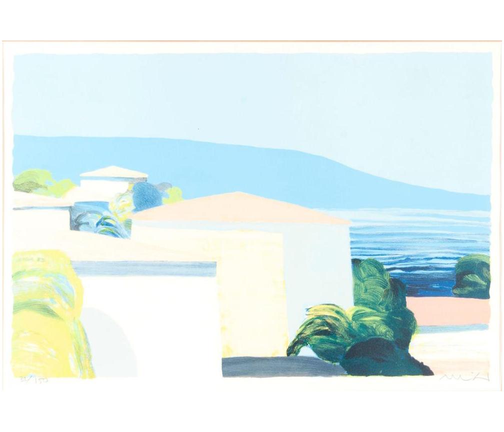 Roger Muhl signed lithograph. Screen-print, signed lower right, edition 32/150.

Landscape of the south of France with a body of water, buildings, and mountains.