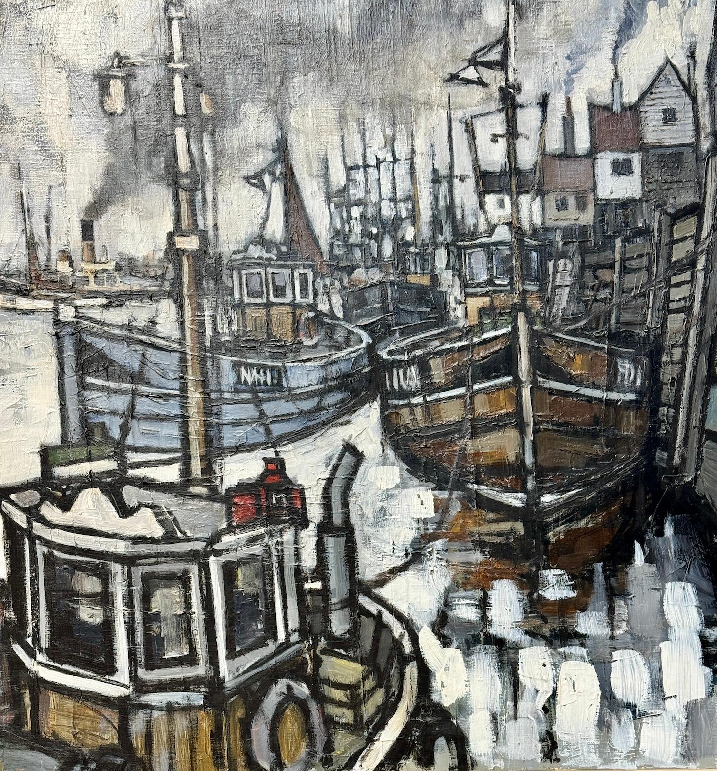 The Modern British Impressionist view of Whitby Harbor with the boats moored (vue impressionniste moderne du port de Whitby avec les bateaux amarrés) - Painting de Roger Murray
