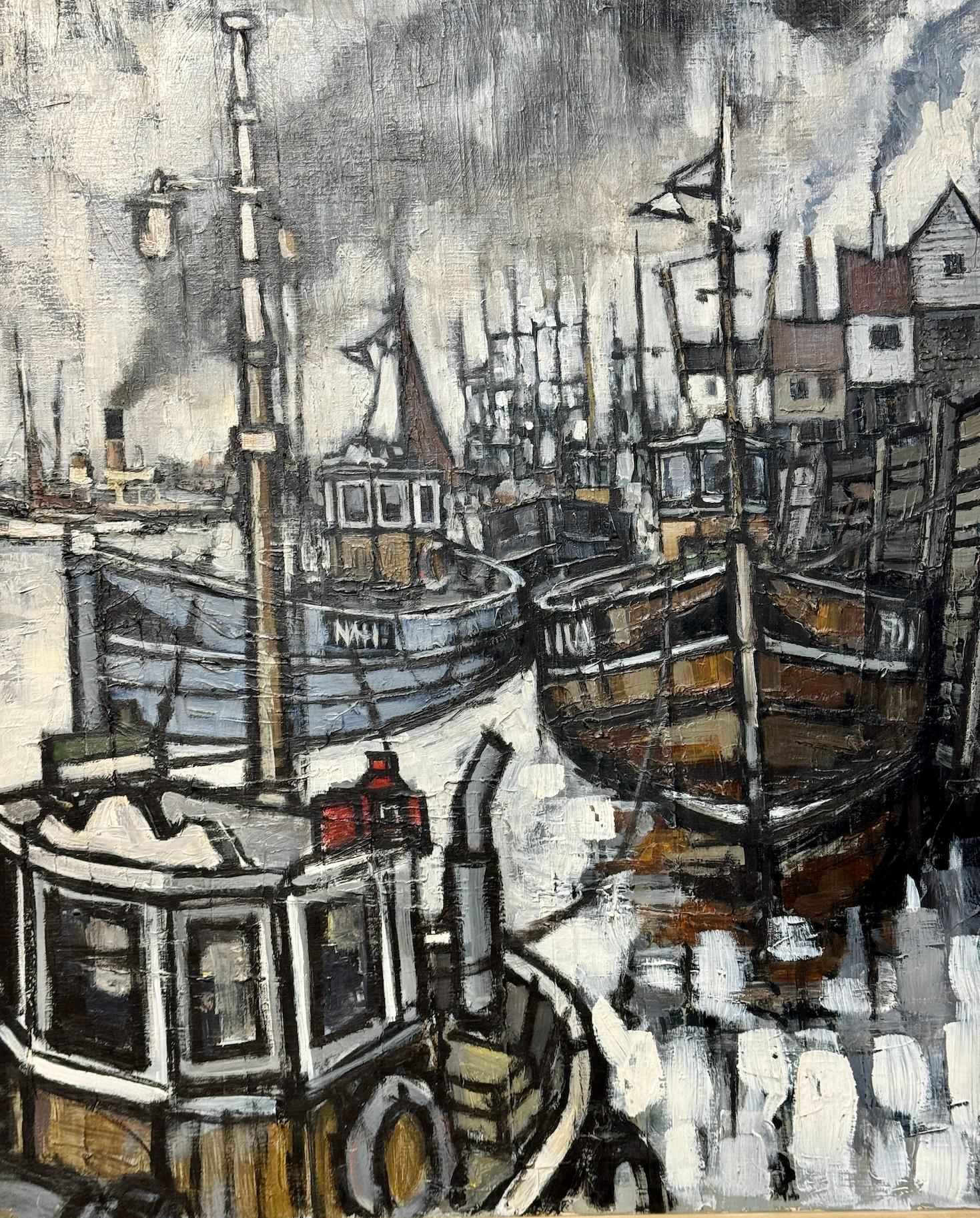 The Modern British Impressionist view of Whitby Harbor with the boats moored (vue impressionniste moderne du port de Whitby avec les bateaux amarrés) - Marron Figurative Painting par Roger Murray