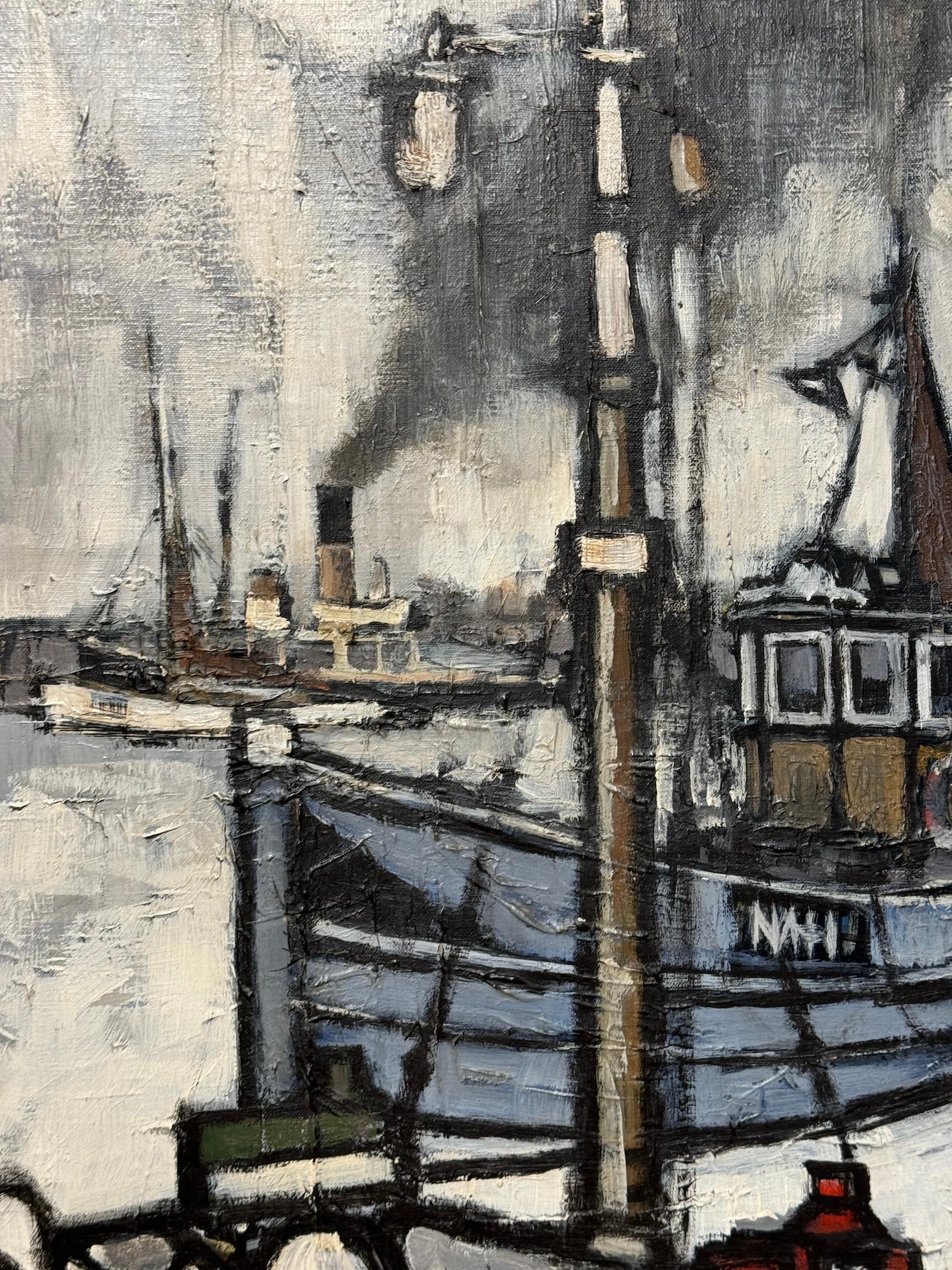 The Modern British Impressionist view of Whitby Harbor with the boats moored (vue impressionniste moderne du port de Whitby avec les bateaux amarrés) en vente 1