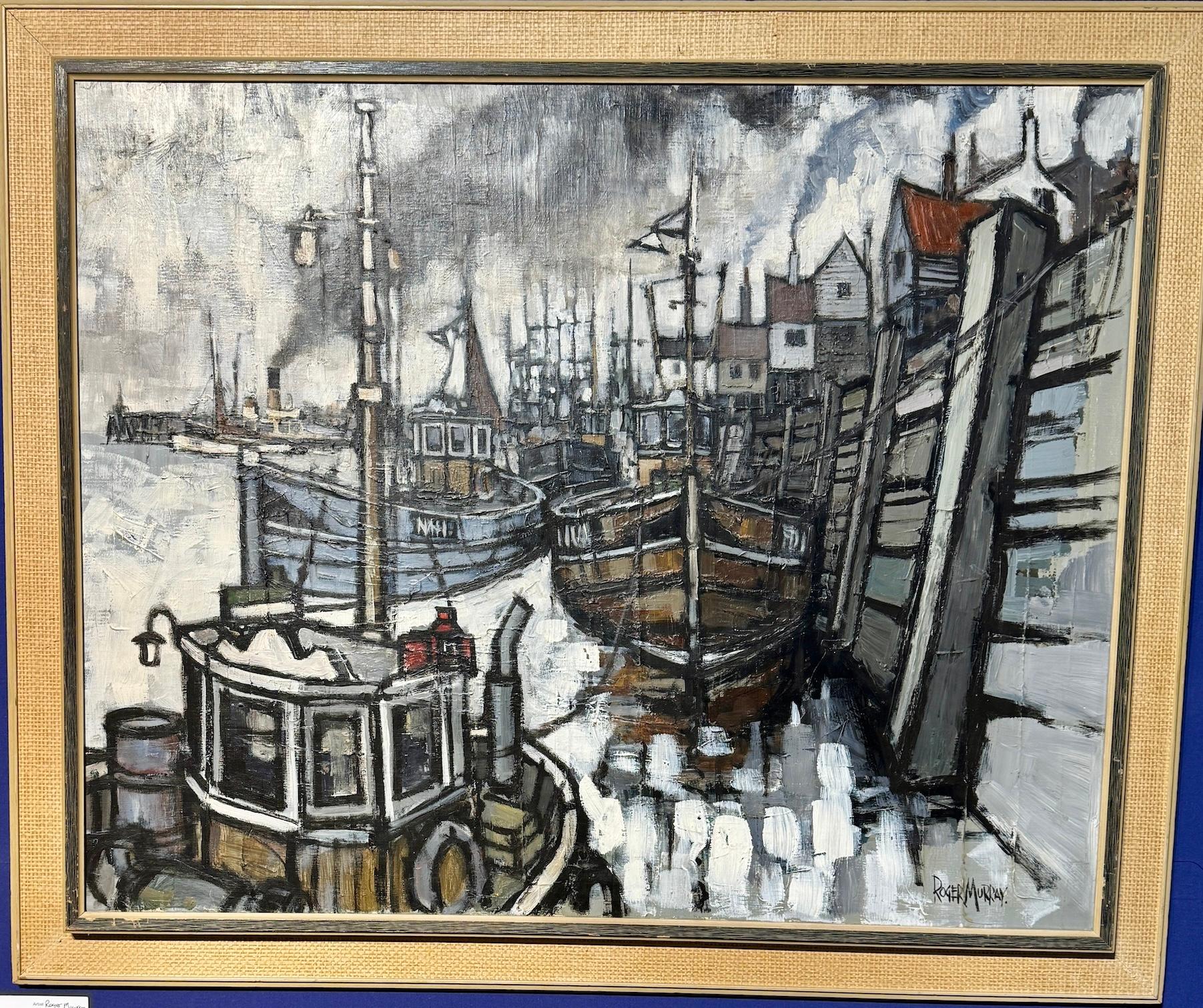 Veduta impressionista Modern British del porto di Whitby con le barche ormeggiate