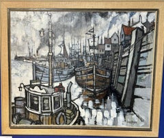 Modern British Impressionist view of Whitby Harbor with the boats moored
