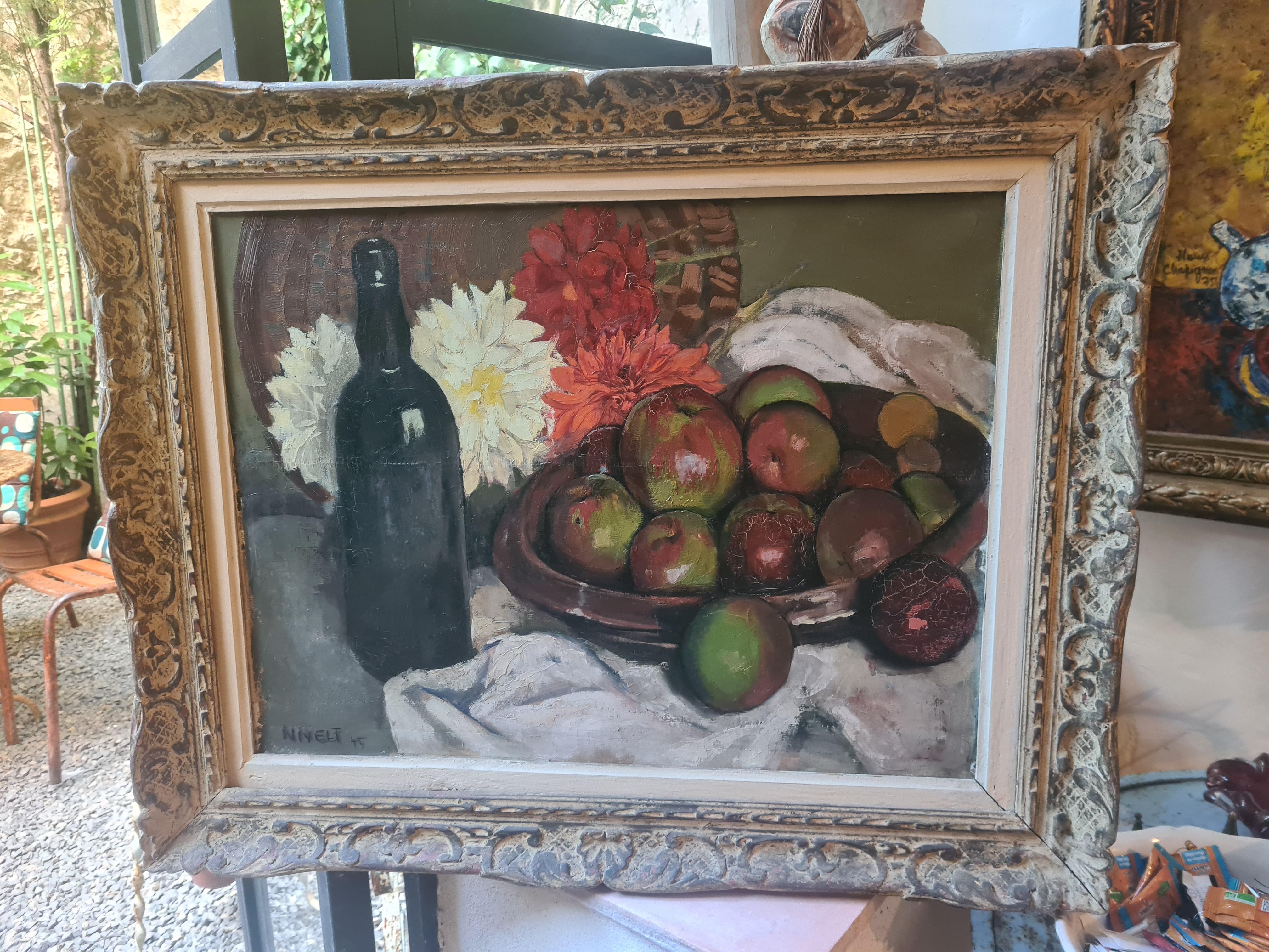 Still Life with Apples and Flowers, School of Paul Cezanne - Painting by Roger Nivelt
