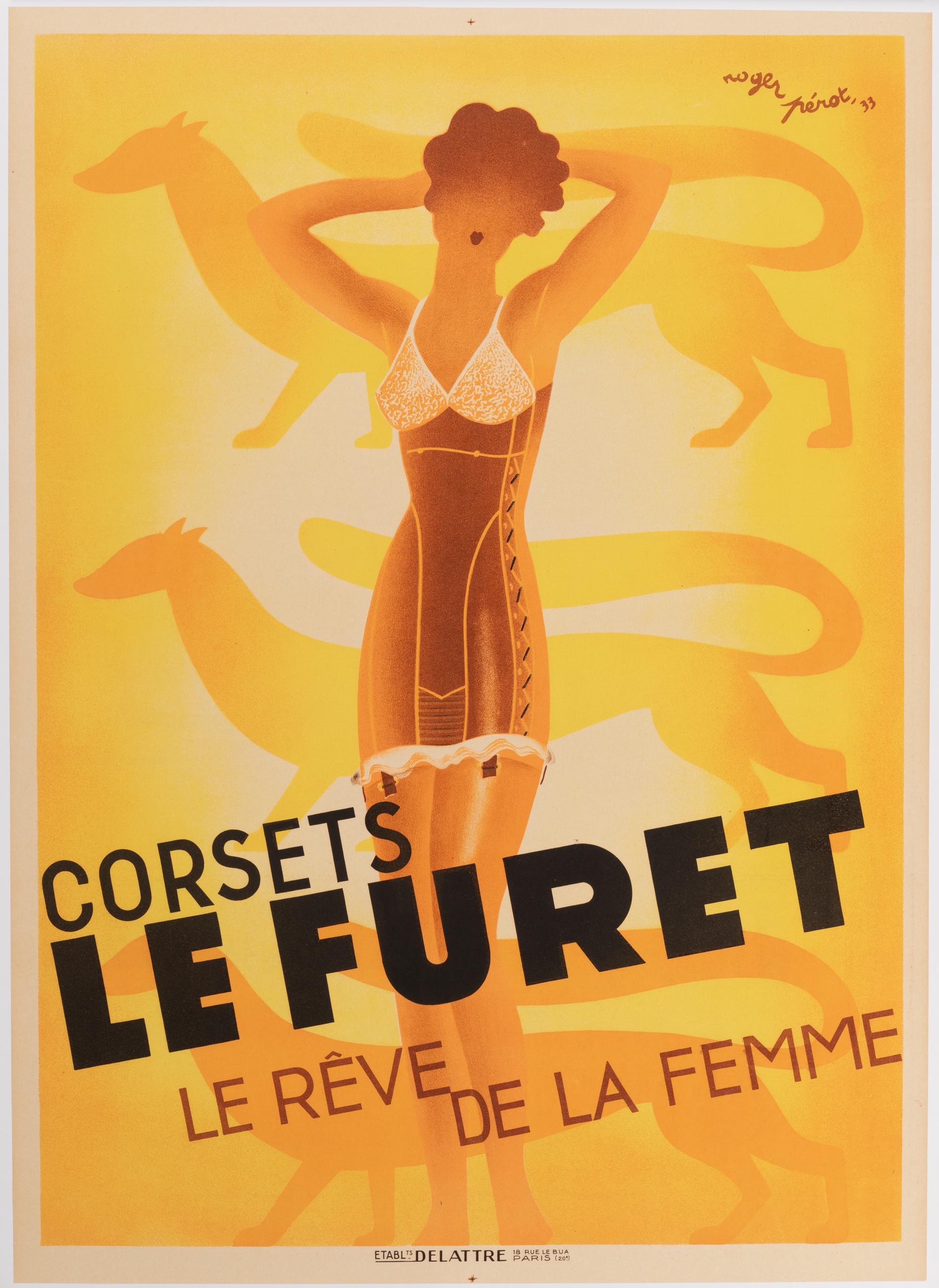 French Roger Perot, Original Art Deco Poster, Corset Lefuret, Women Underwear, 1933 For Sale