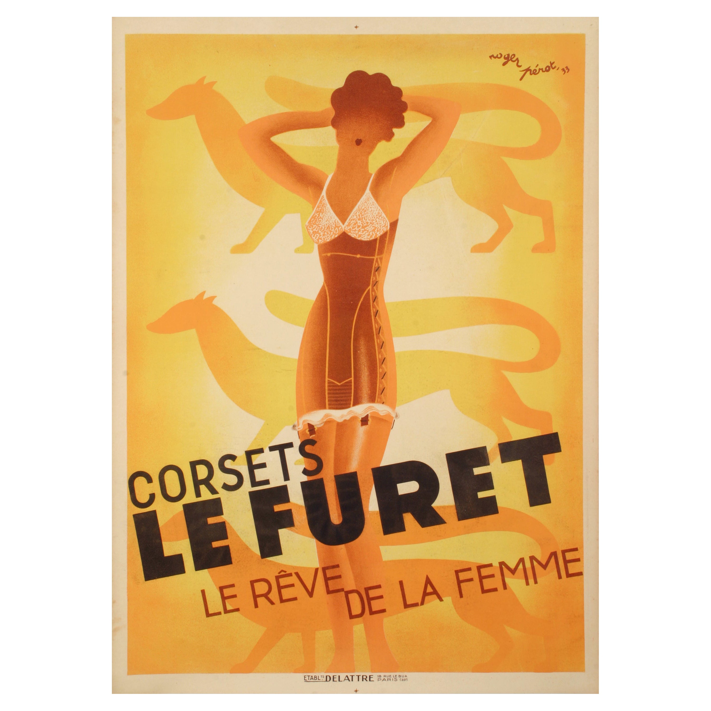 Roger Perot, Póster Art Déco Original, Corsé Lefuret, Ropa interior femenina, 1933 en venta