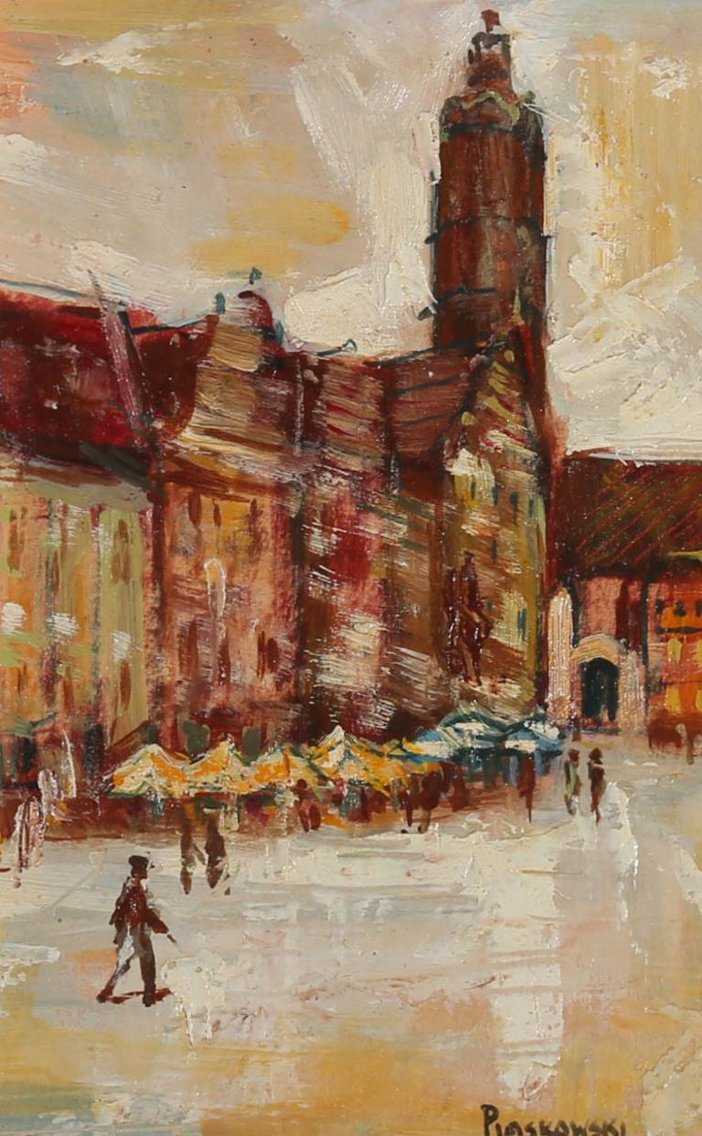 A wonderful impressionistic study of the city of Wroclaw, with figures passing elegant townhouses in the city's famous market square. The painting is signed to the lower right-hand corner. Well presented in a decorative gilt-effect frame with