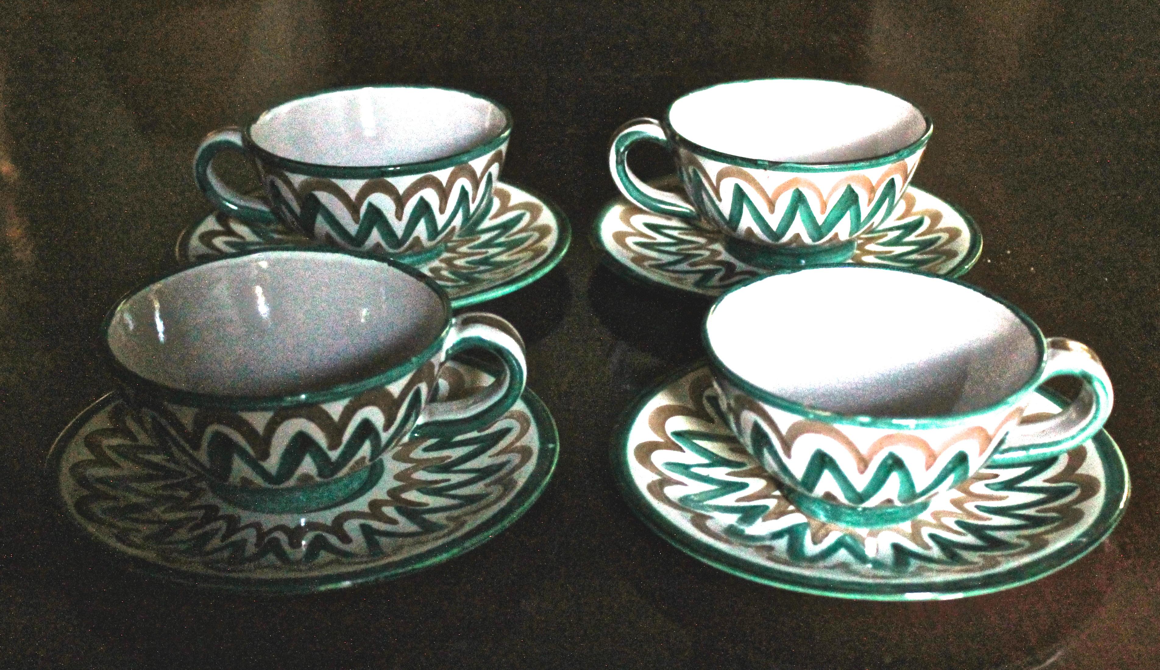 Mid-Century Modern Roger Picault Vaulluris Hand-Painted Cups and Saucers For Sale