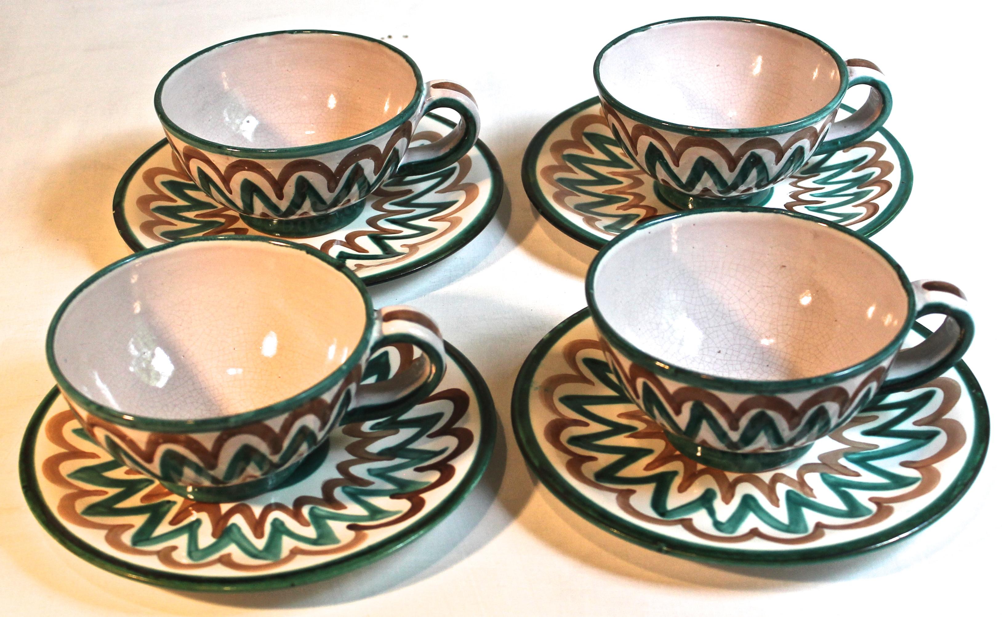 Ceramic Roger Picault Vaulluris Hand-Painted Cups and Saucers For Sale