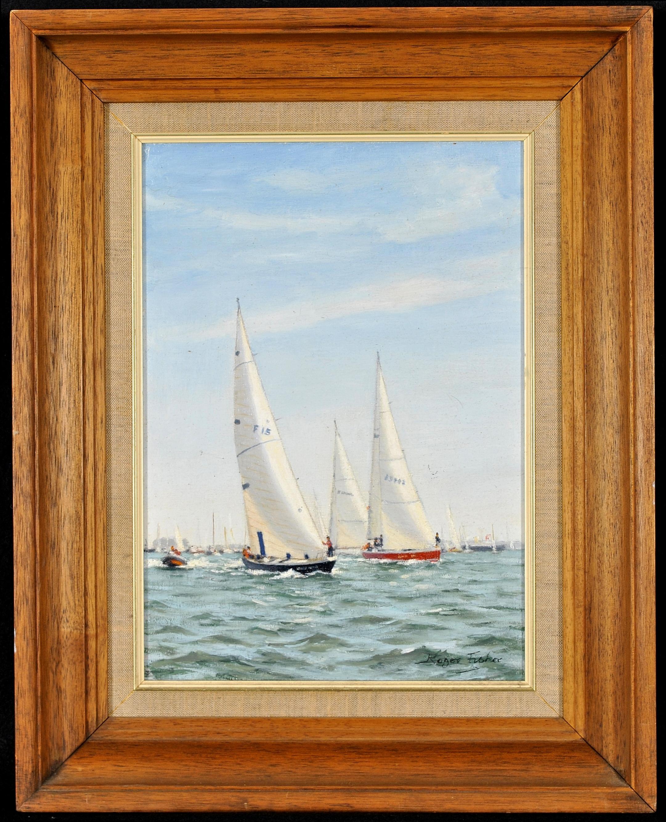 Roger Roland Sutton Fisher Landscape Painting - Round the World Race - English Marine Maritime Seascape Yachts Oil Painting