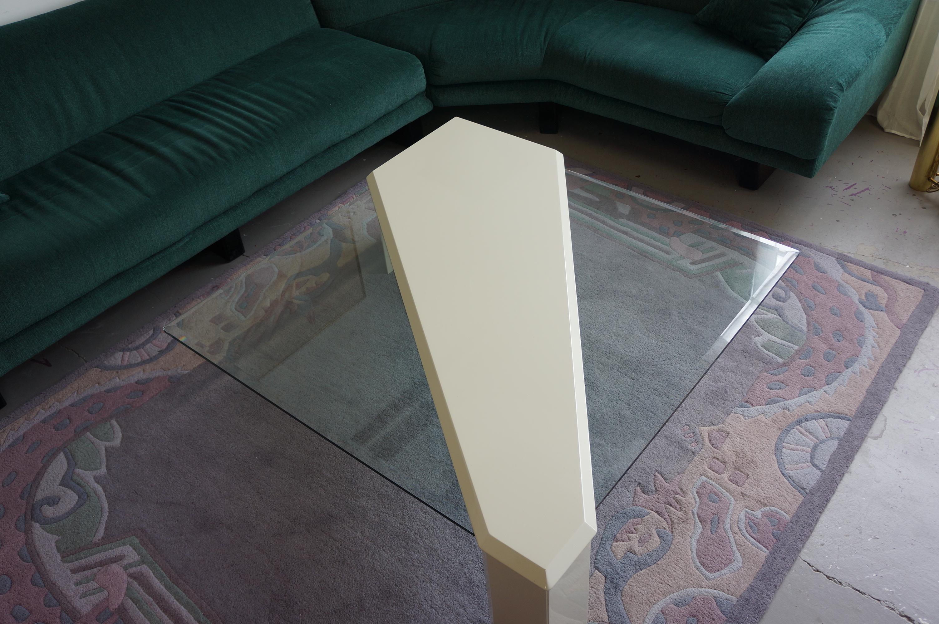 Canadian Roger Rougier asymmetrical lacquered wood and beveled glass coffee table  For Sale