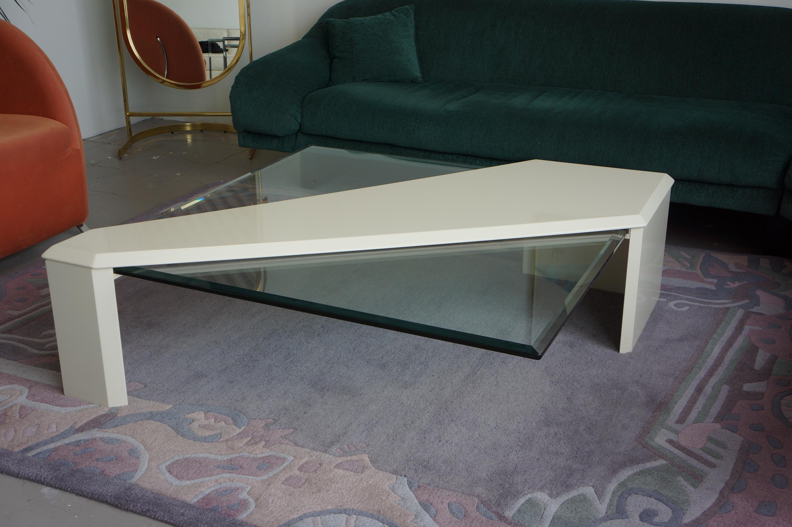 Beveled Roger Rougier asymmetrical lacquered wood and beveled glass coffee table  For Sale