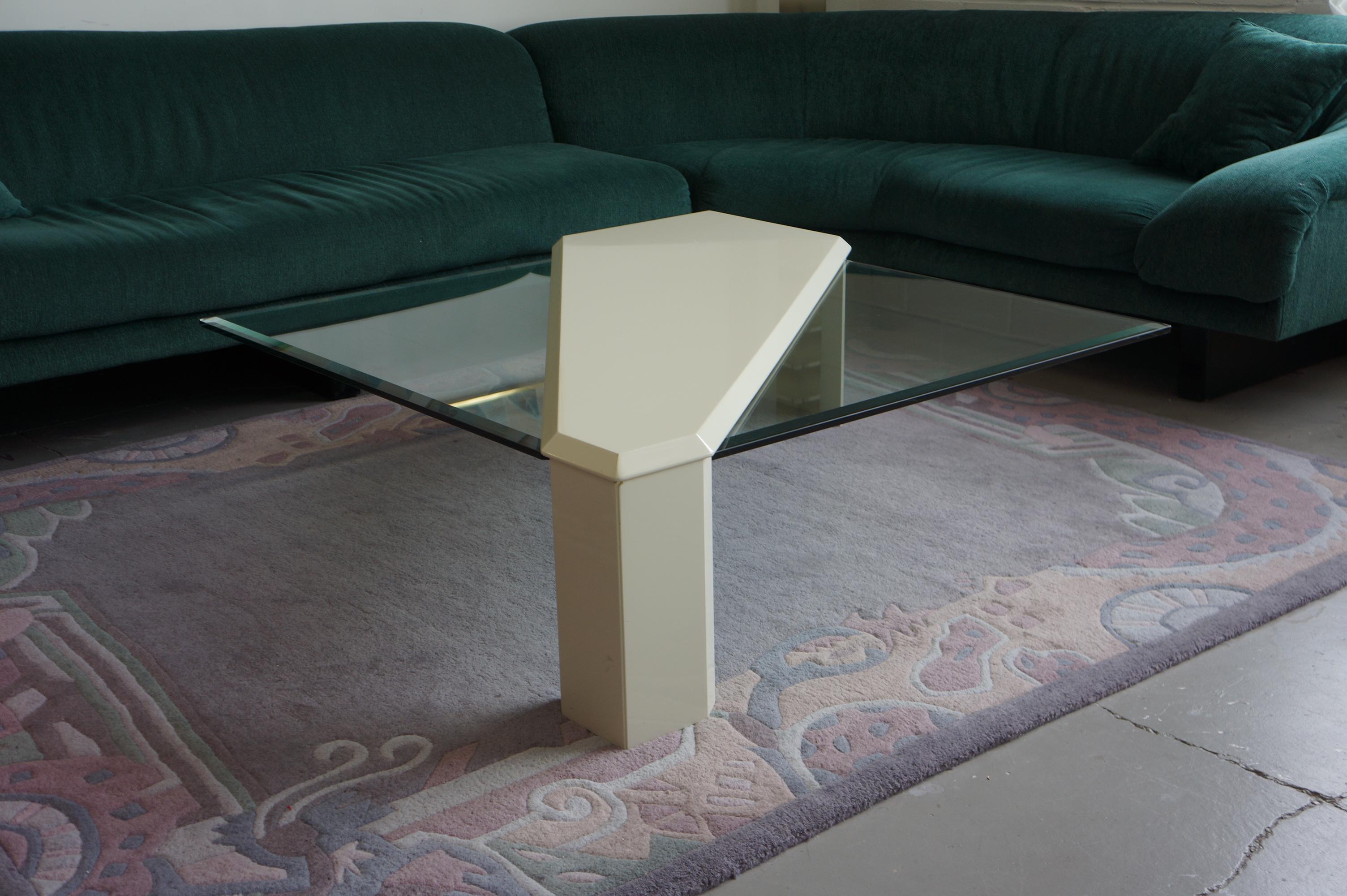 Late 20th Century Roger Rougier asymmetrical lacquered wood and beveled glass coffee table  For Sale
