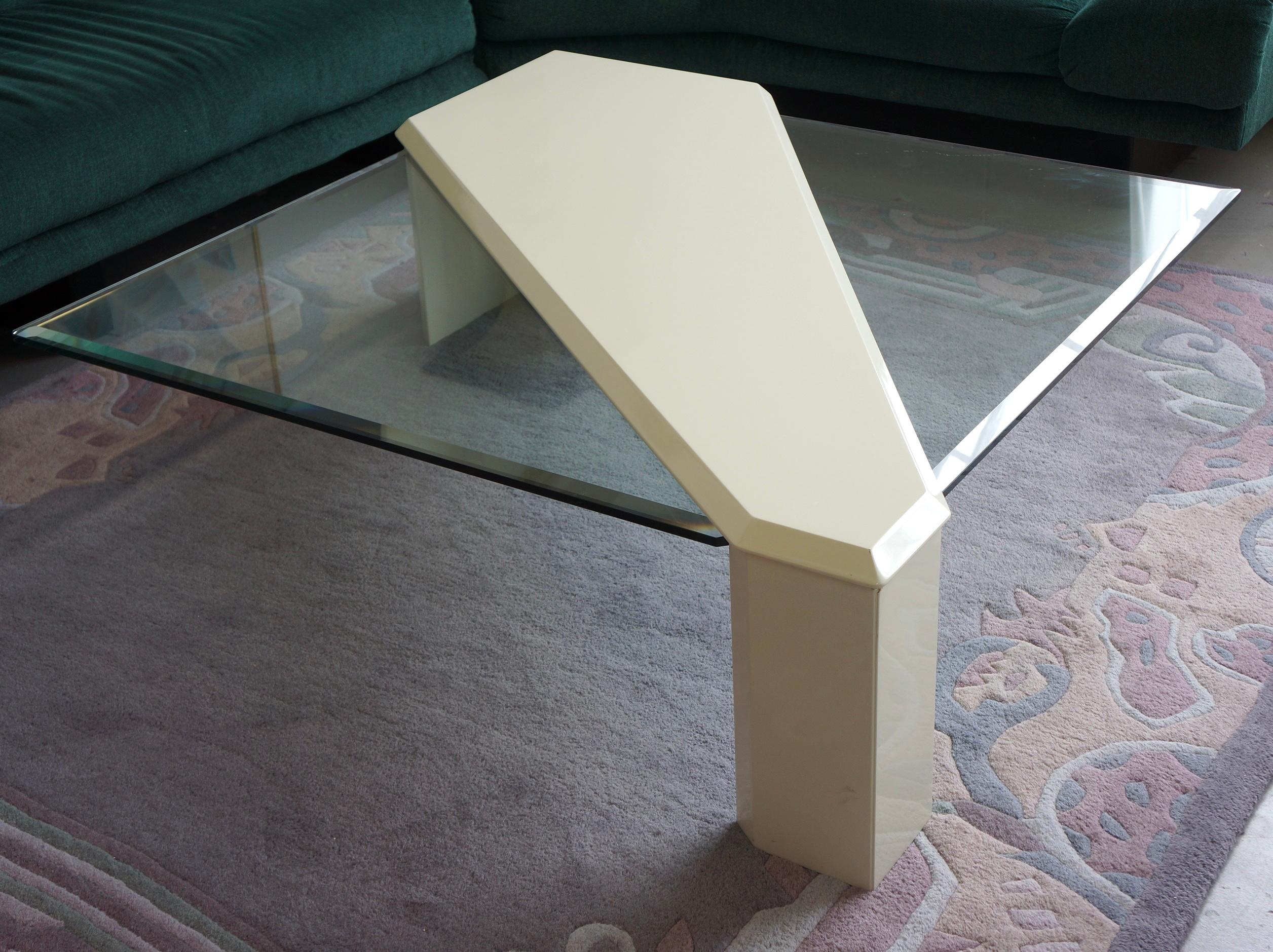 Post-Modern Roger Rougier asymmetrical lacquered wood and beveled glass coffee table  For Sale