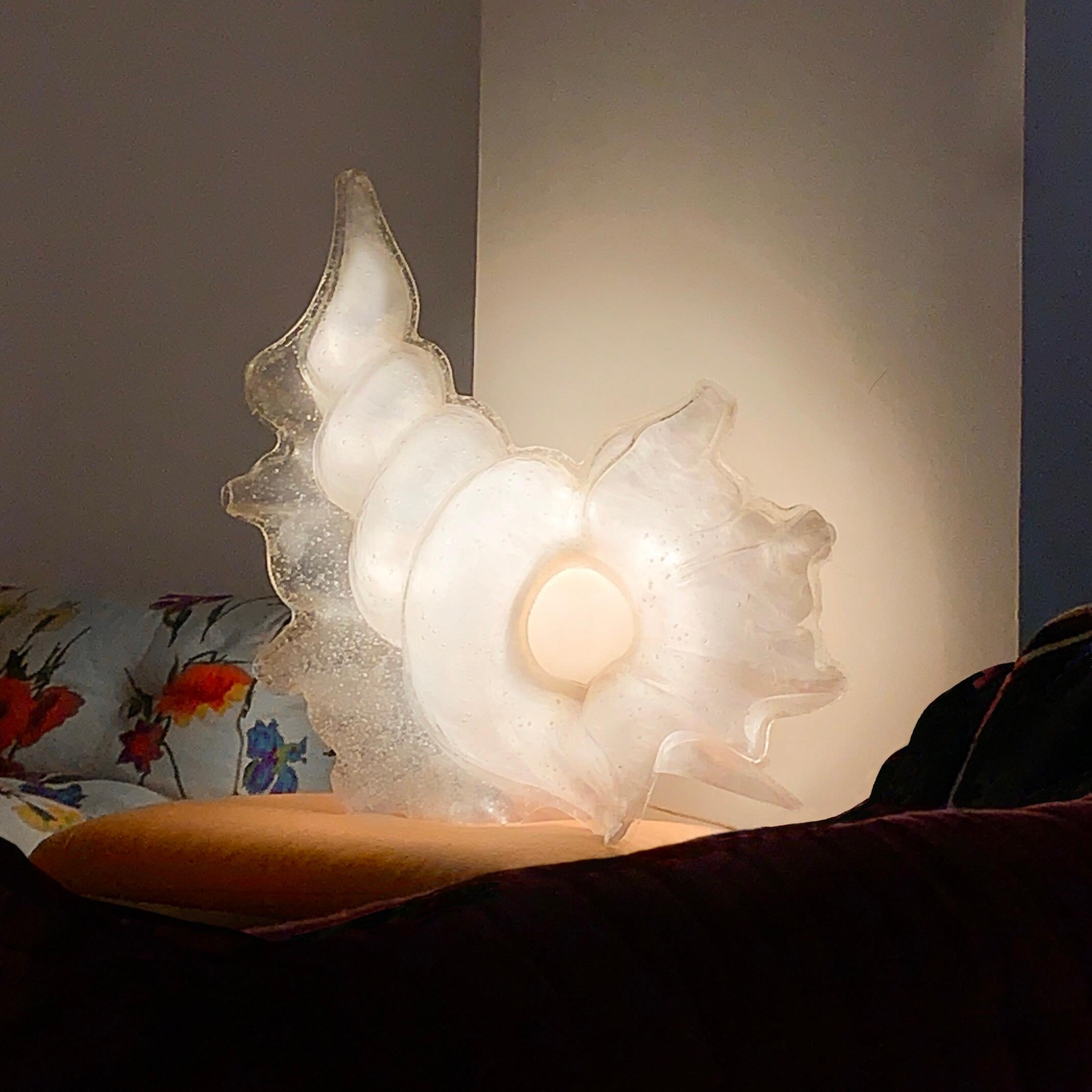 Roger Rougier Illuminated Lucite Figural Conch Shell Lamp, Mid-Century Modern.  Rare Rougier mid-century production.  Can be used on floor or table.  Conch shell illuminated from within a layered lucite structure -- Bubbled lucite in the manner of