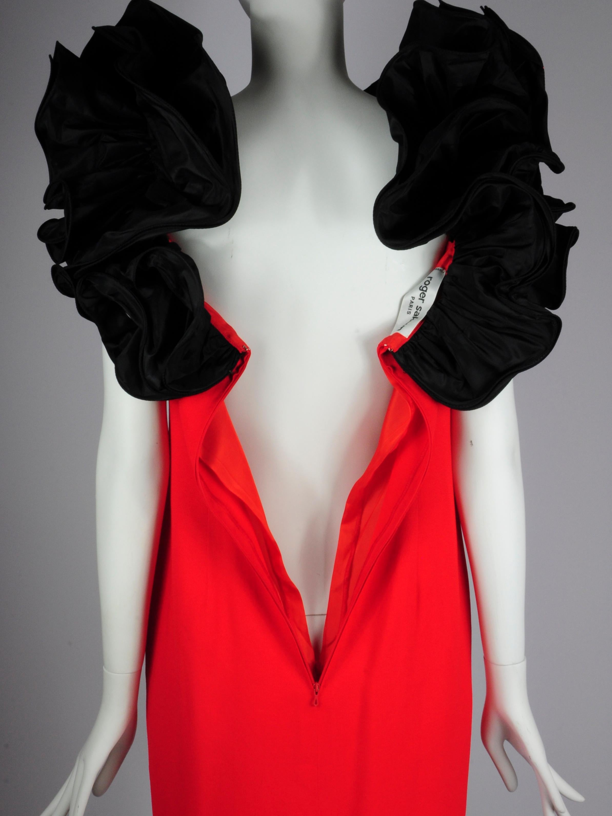 Roger Sakoun Cocktail Dress Red Silk Ruffles with Satin Roses 1980s For Sale 6