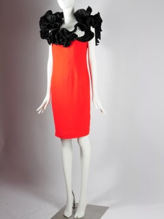 Roger Sakoun Cocktail Dress Red Silk Ruffles with Satin Roses 1980s