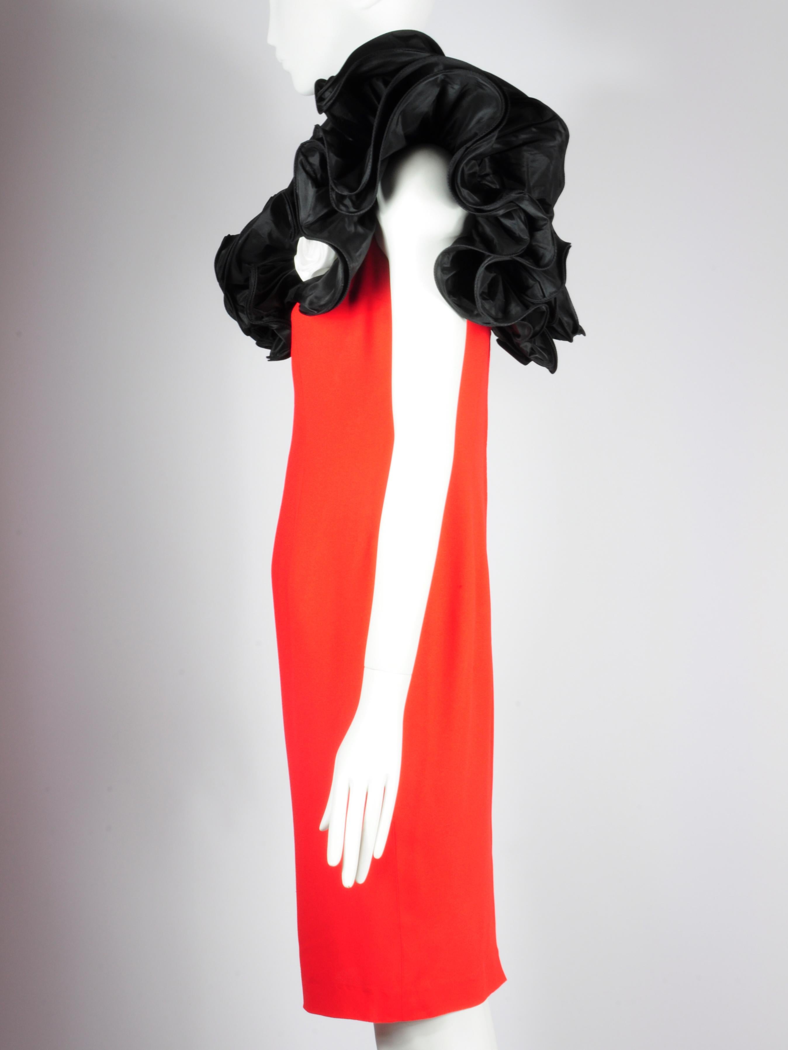 Roger Sakoun Cocktail Dress Red Silk Ruffles with Satin Roses 1980s In Good Condition For Sale In AMSTERDAM, NL