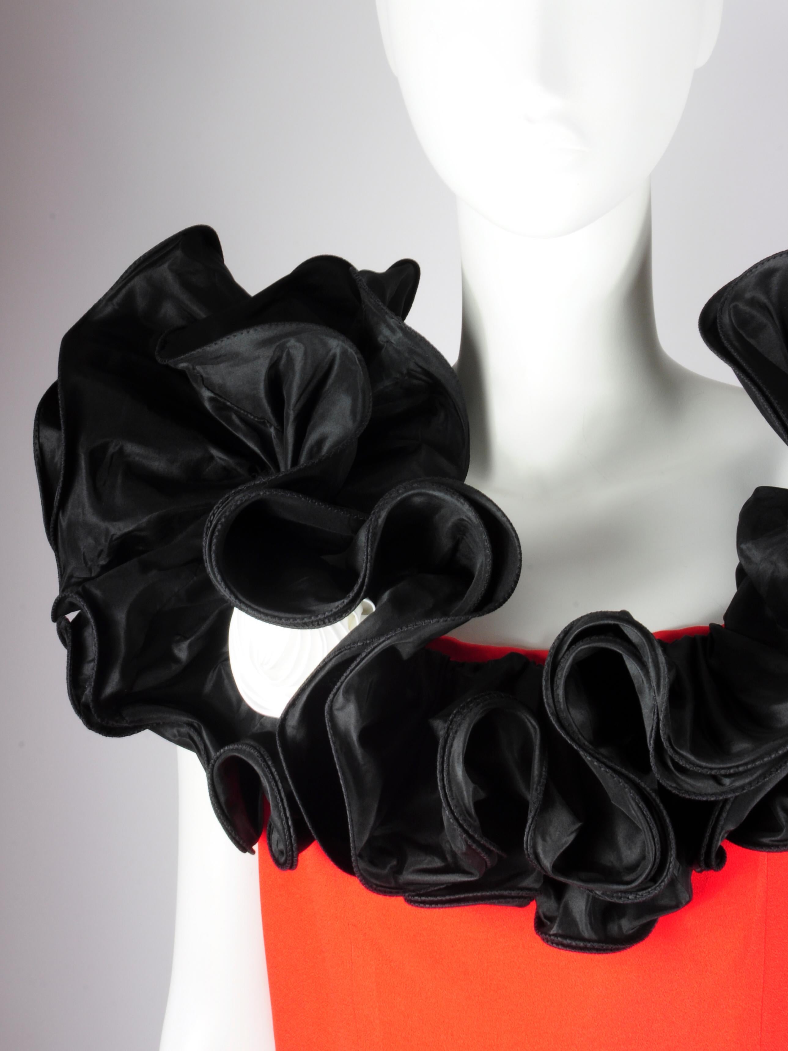 Roger Sakoun Cocktail Dress Red Silk Ruffles with Satin Roses 1980s For Sale 1