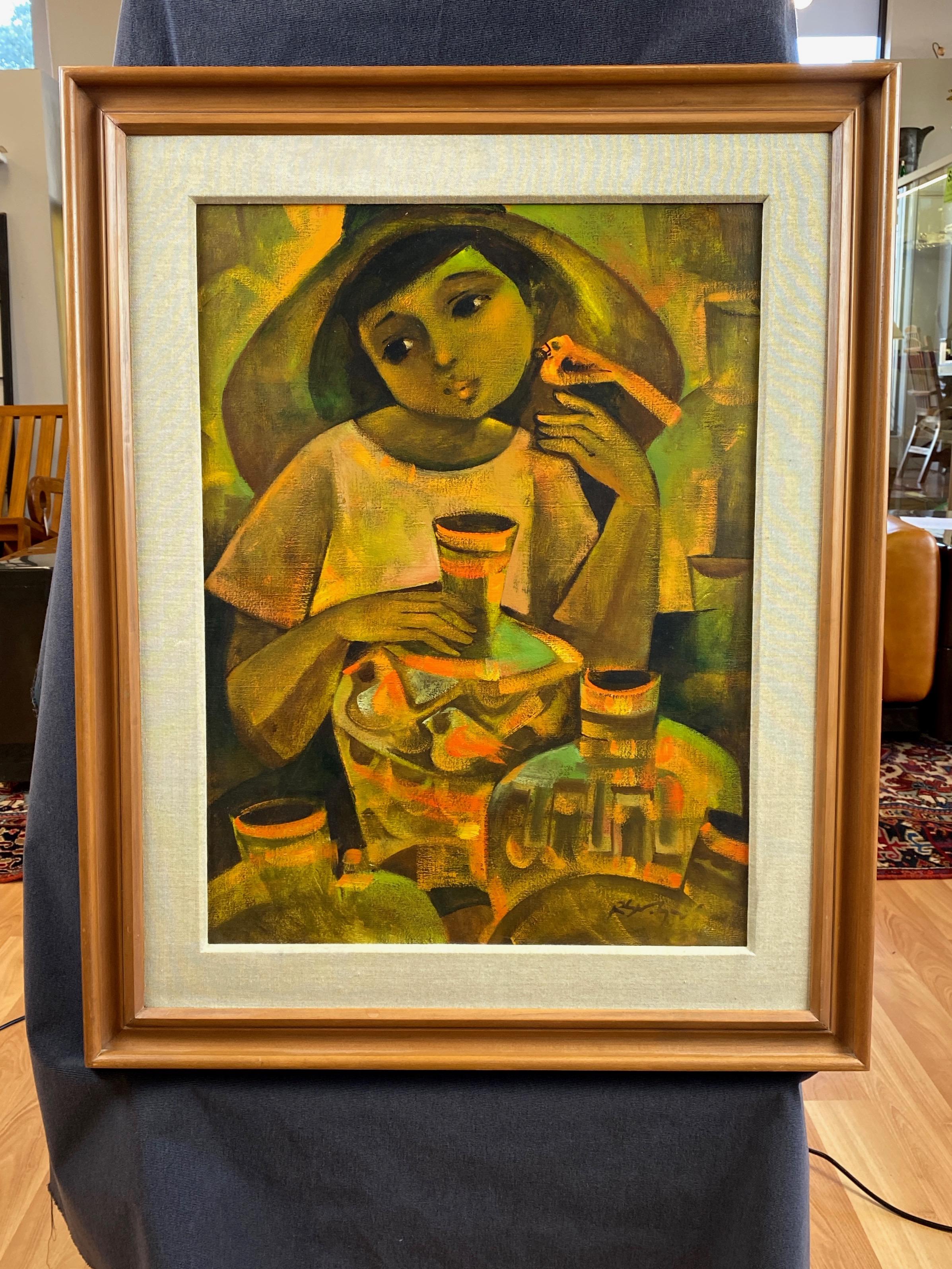 Canvas Roger San Miguel “Young Pottery Vendor”, Post-Impressionist Oil Painting, 1960s