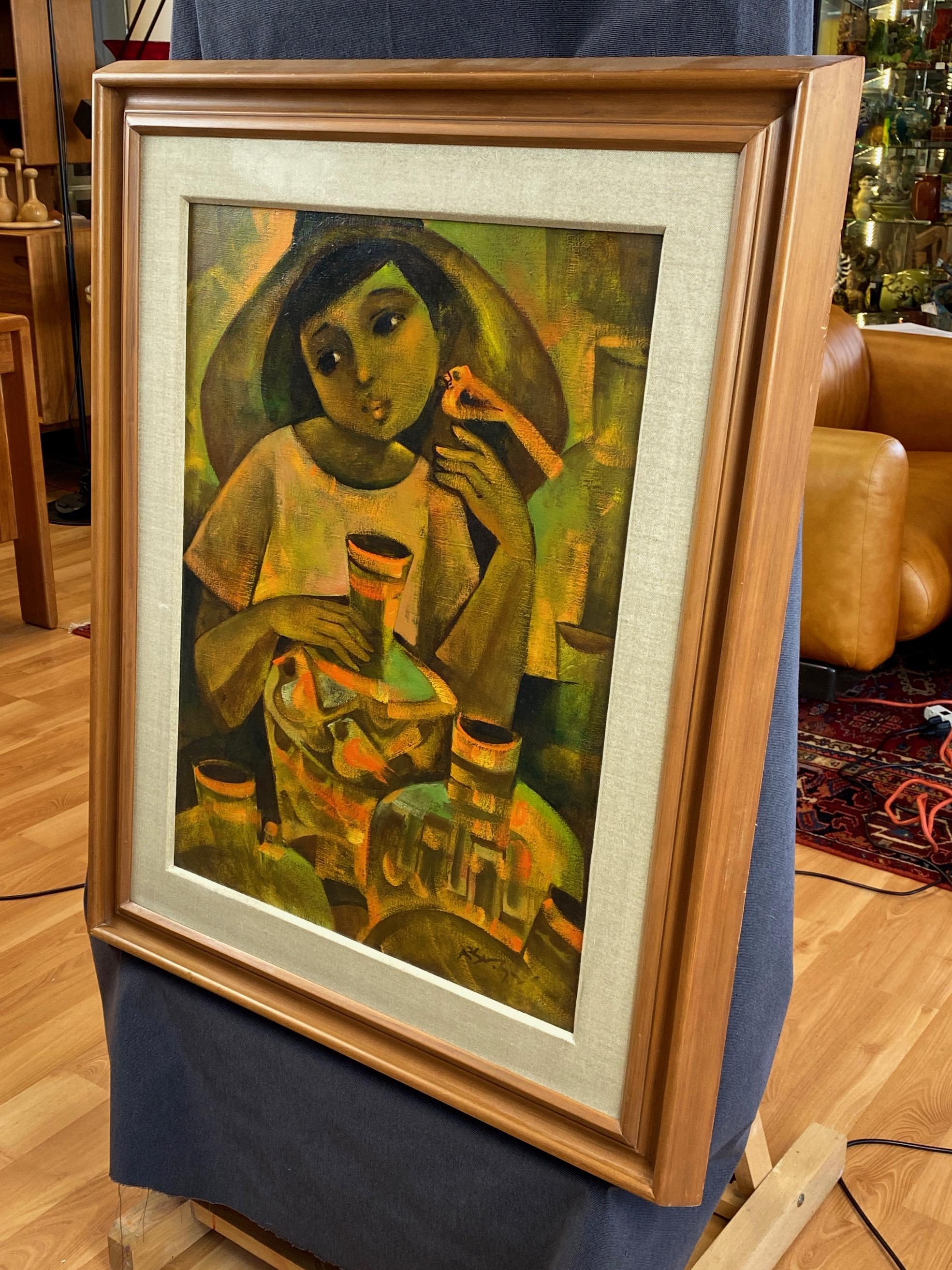 Roger San Miguel “Young Pottery Vendor”, Post-Impressionist Oil Painting, 1960s 1