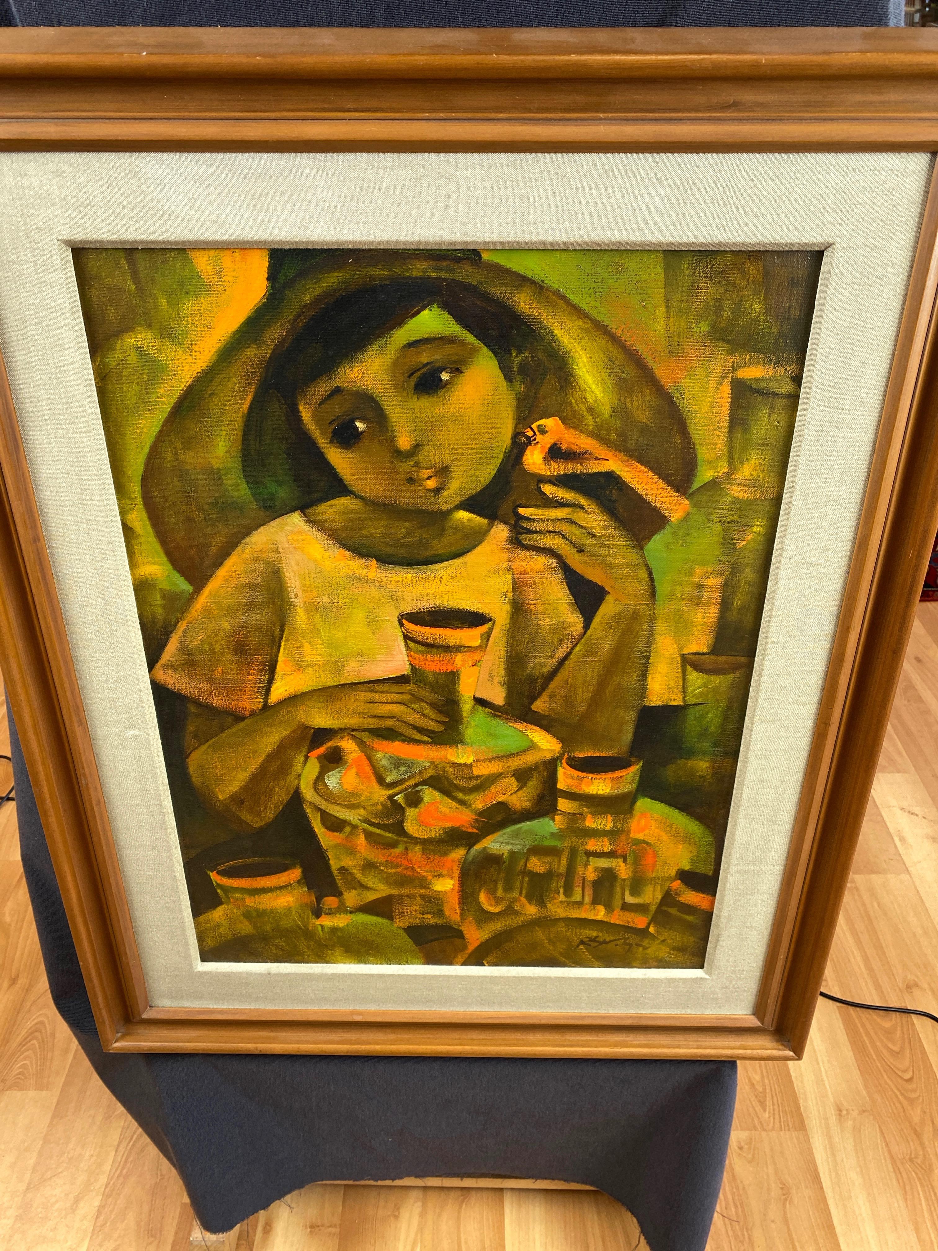 Roger San Miguel “Young Pottery Vendor”, Post-Impressionist Oil Painting, 1960s 2