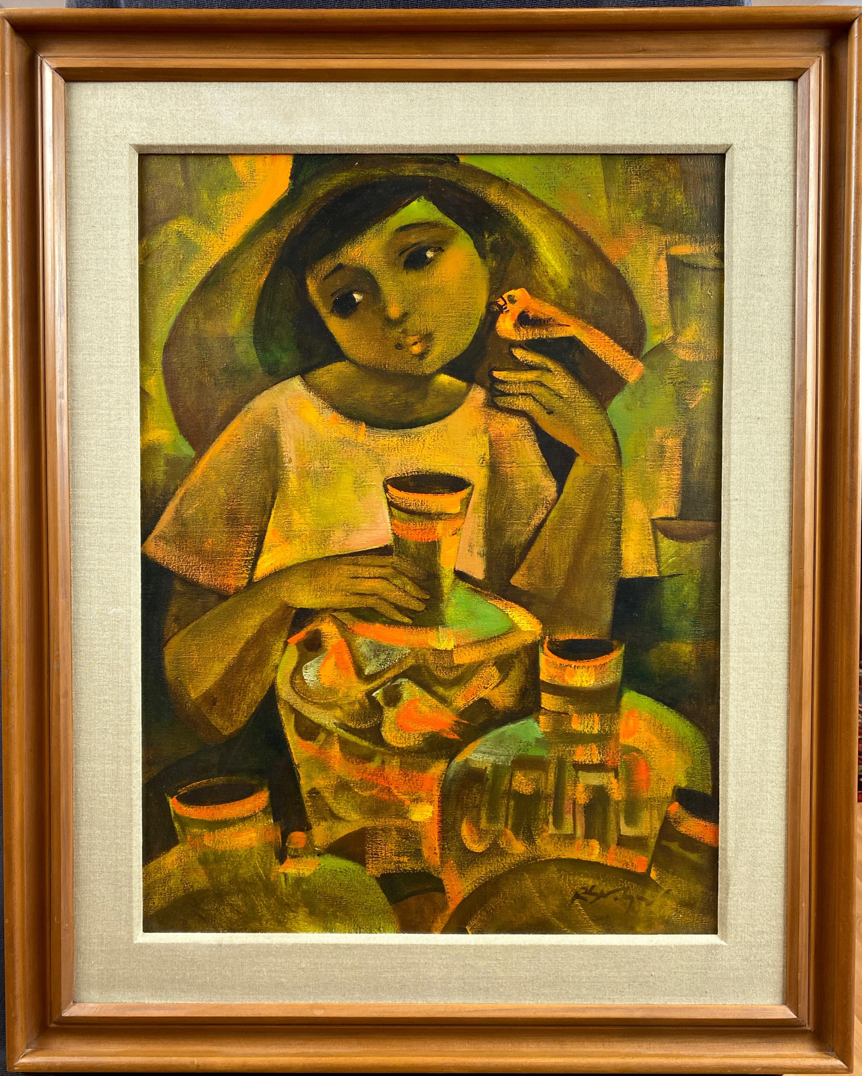 A large late 1960s untitled post-impressionist oil painting on canvas of a young pottery vendor by important mid-century Filipino artist Roger San Miguel (b. 1940).

Young girl or boy in oversized hat sits behind a number of large pieces of