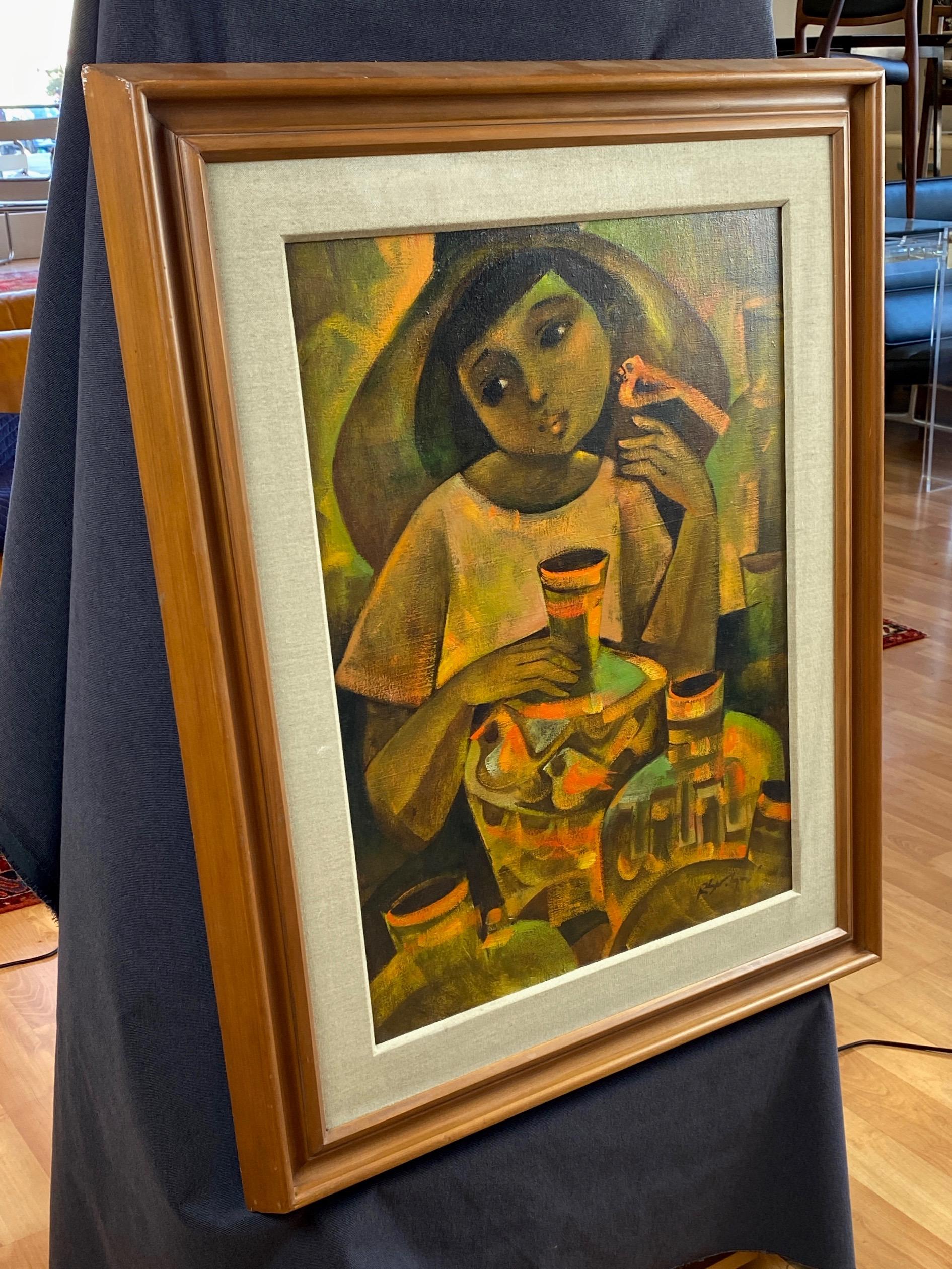 Mid-20th Century Roger San Miguel “Young Pottery Vendor”, Post-Impressionist Oil Painting, 1960s