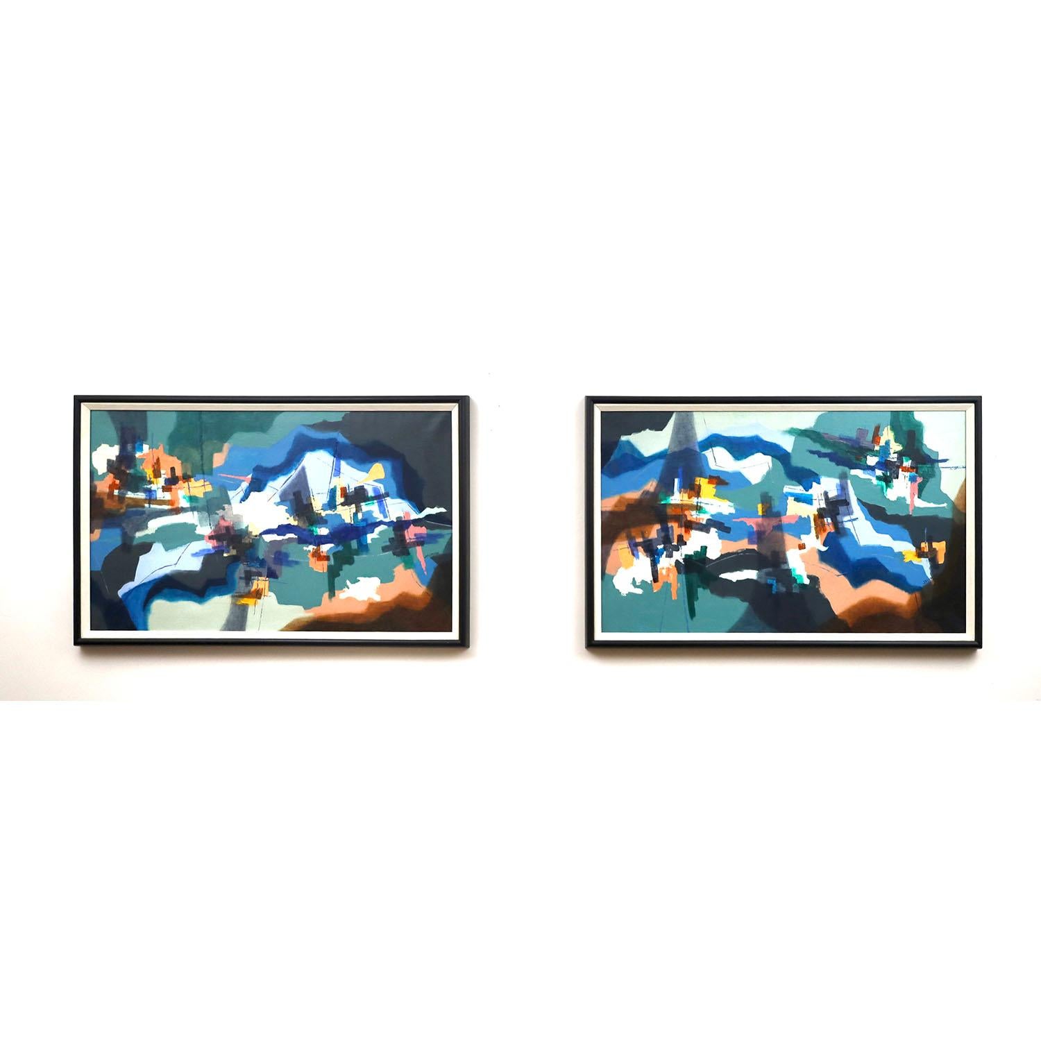 Two abstract oil paintings, framed separately, to form a diptych, as intended by the artist, Roger Selchow.
Selchow was a well-known American abstract artist who worked in New York, and Italy.
He studied art in New York City, at the Grand Central