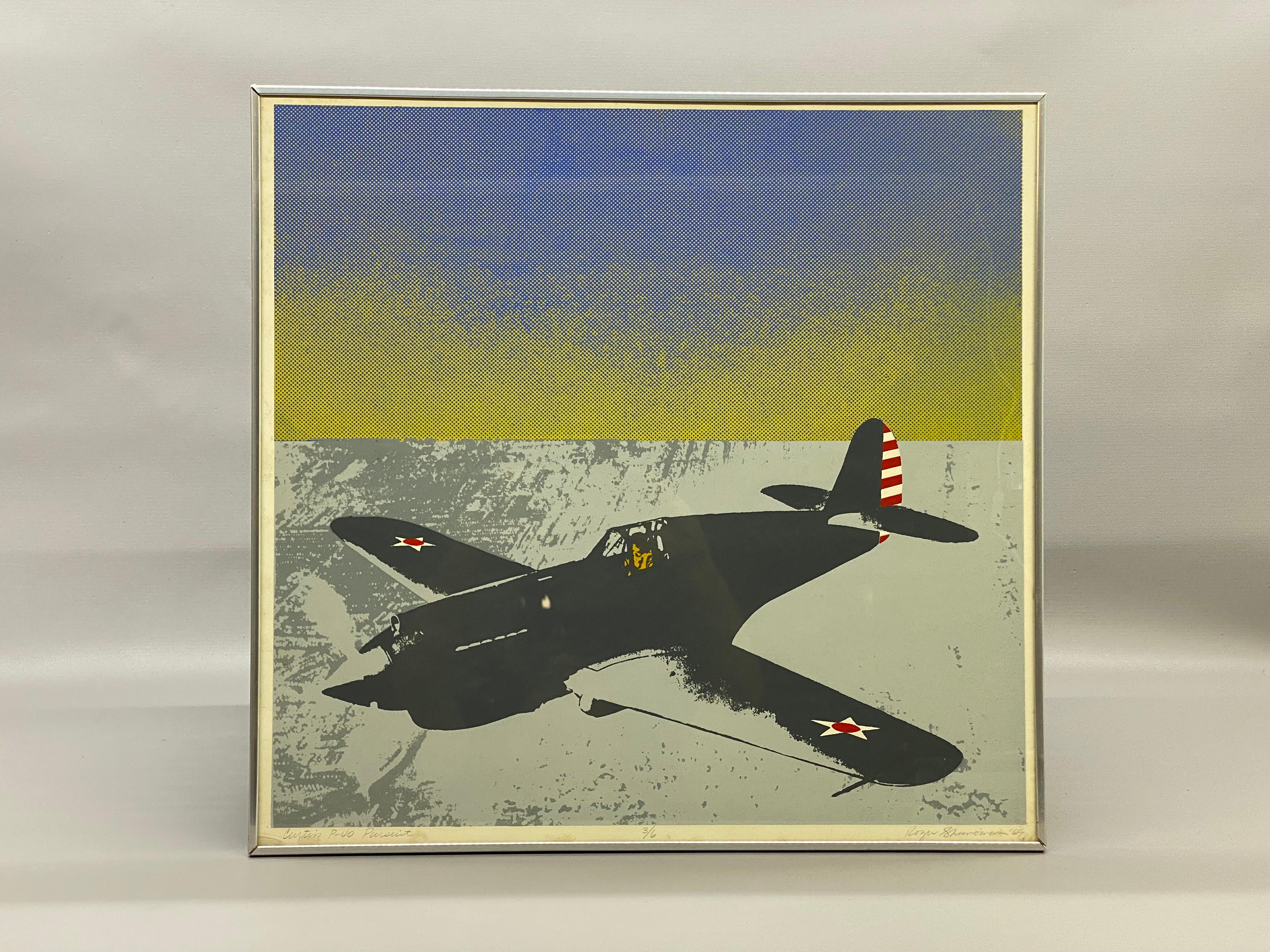 A lithograph on paper by Roger Yutaka Shimomura (1939-). Pencil signed, numbered edition and titled, Roger Shimomura '69, 3/6, Curtiss P-40 Pursuit. Partial paper label from a college museum art collection. Good vibrant colors with minimal