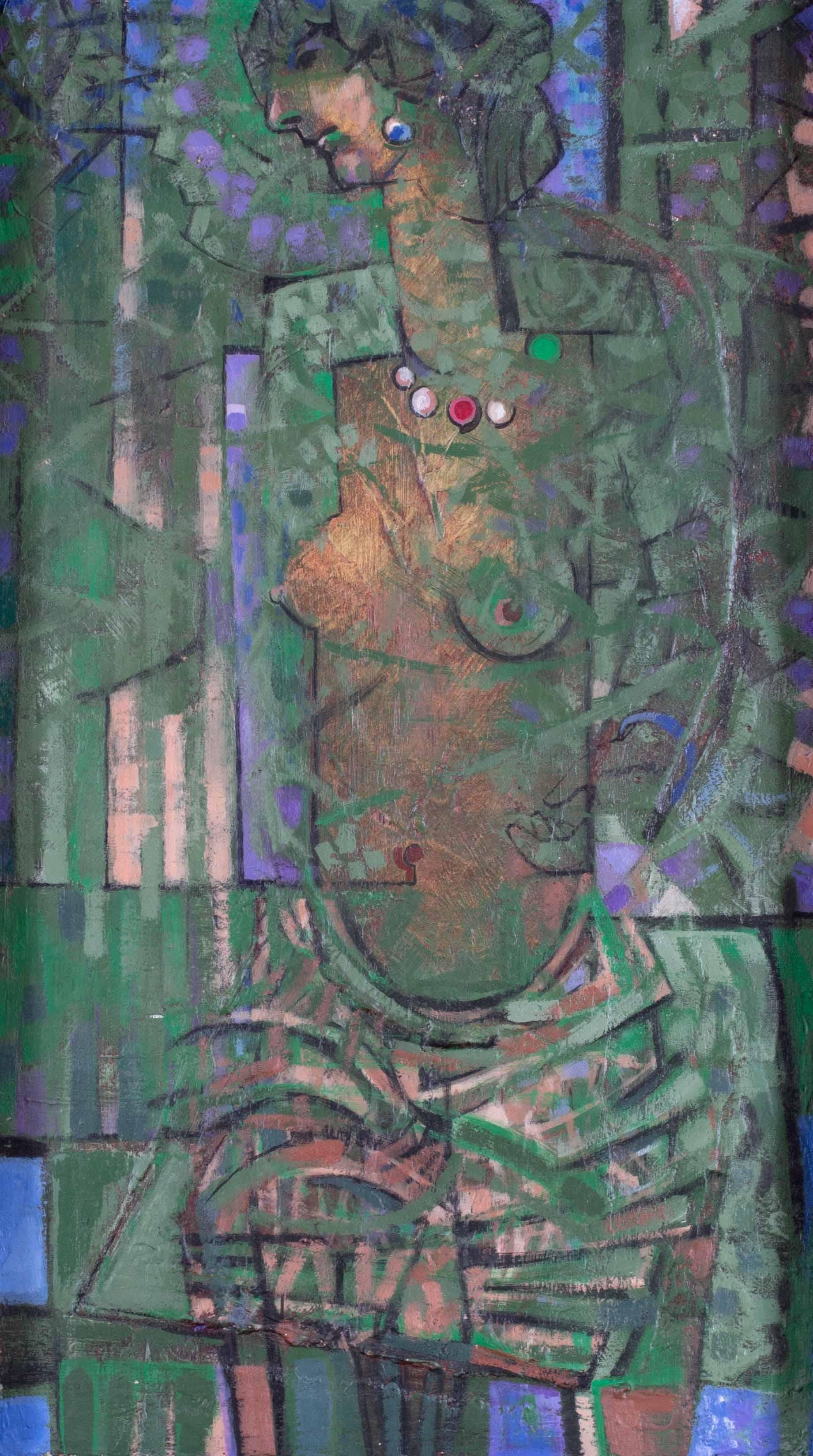 20th Century British abstracted female nude in green - Painting by Roger Smith