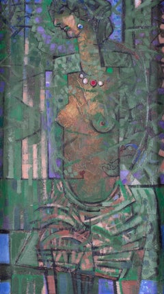 20th Century British abstracted female nude in green