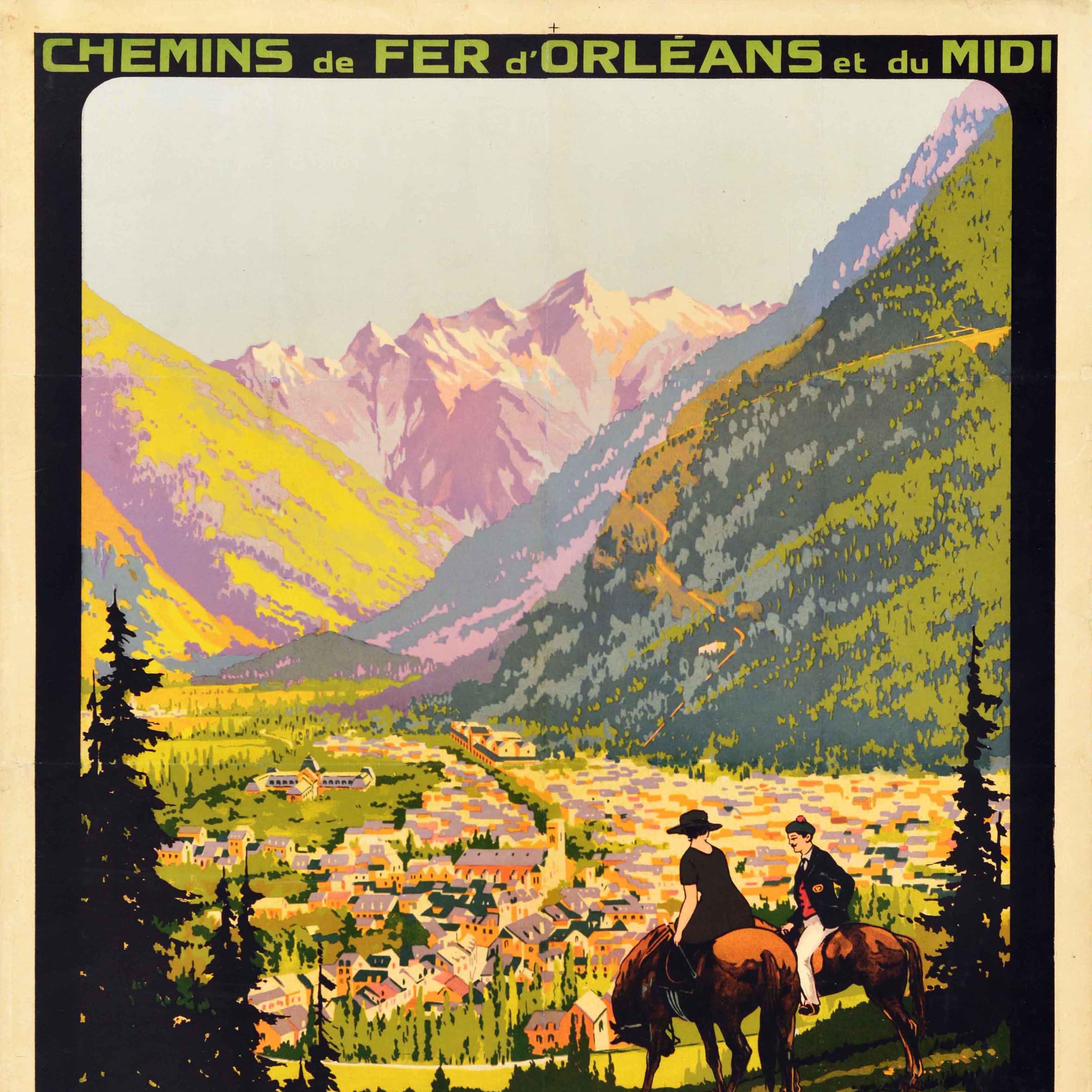 Affiche de voyage ferroviaire ancienne originale réalisée par l'affichiste français Roger Soubie (1898-1984) pour les Chemins de Fer d'Orleans et du Midi Luchon 629m d'altitude Reine des Pyrénées / Queen of the Pyrenees. Vue panoramique colorée