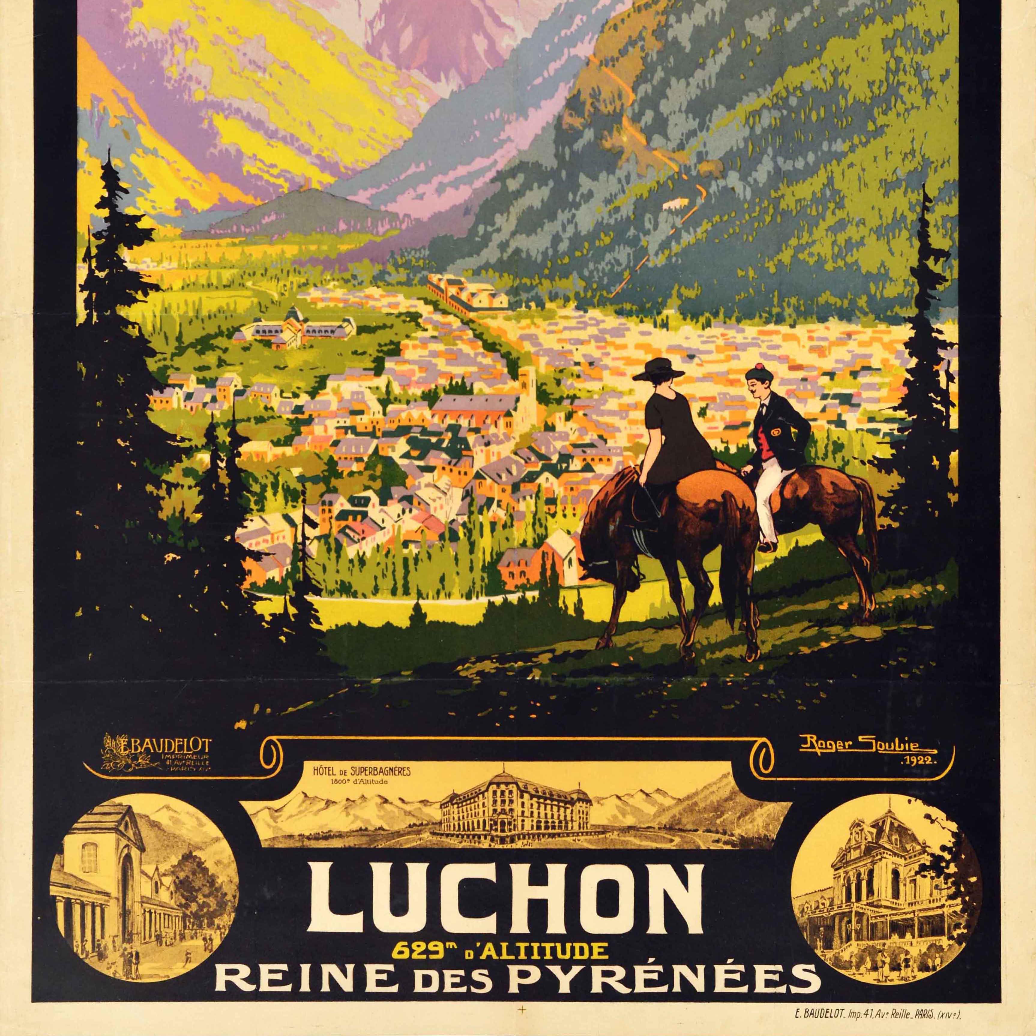 Affiche de voyage d'origine ancienne Luchon Pyrenees Orleans Midi Railways Soubie Art en vente 1