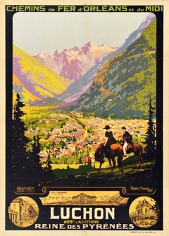 Affiche de voyage d'origine ancienne Luchon Pyrenees Orleans Midi Railways Soubie Art