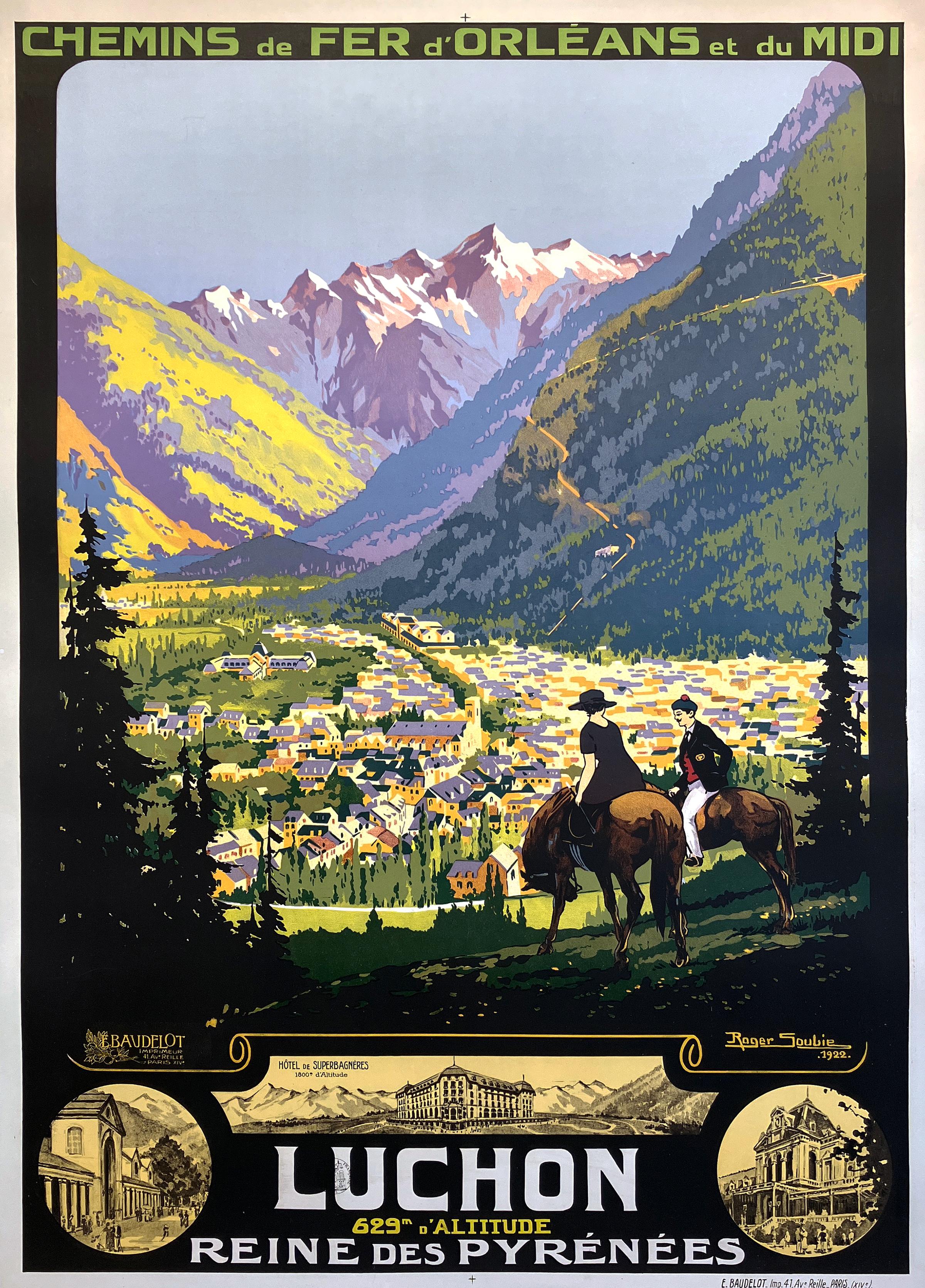 Questo suggestivo poster ferroviario di Roger Soubie presenta una vista panoramica di Luchon, situata nel cuore dei Pirenei e celebrata come la "Regina dei Pirenei". Da un punto di osservazione elevato, lo spettatore guarda attraverso una valle