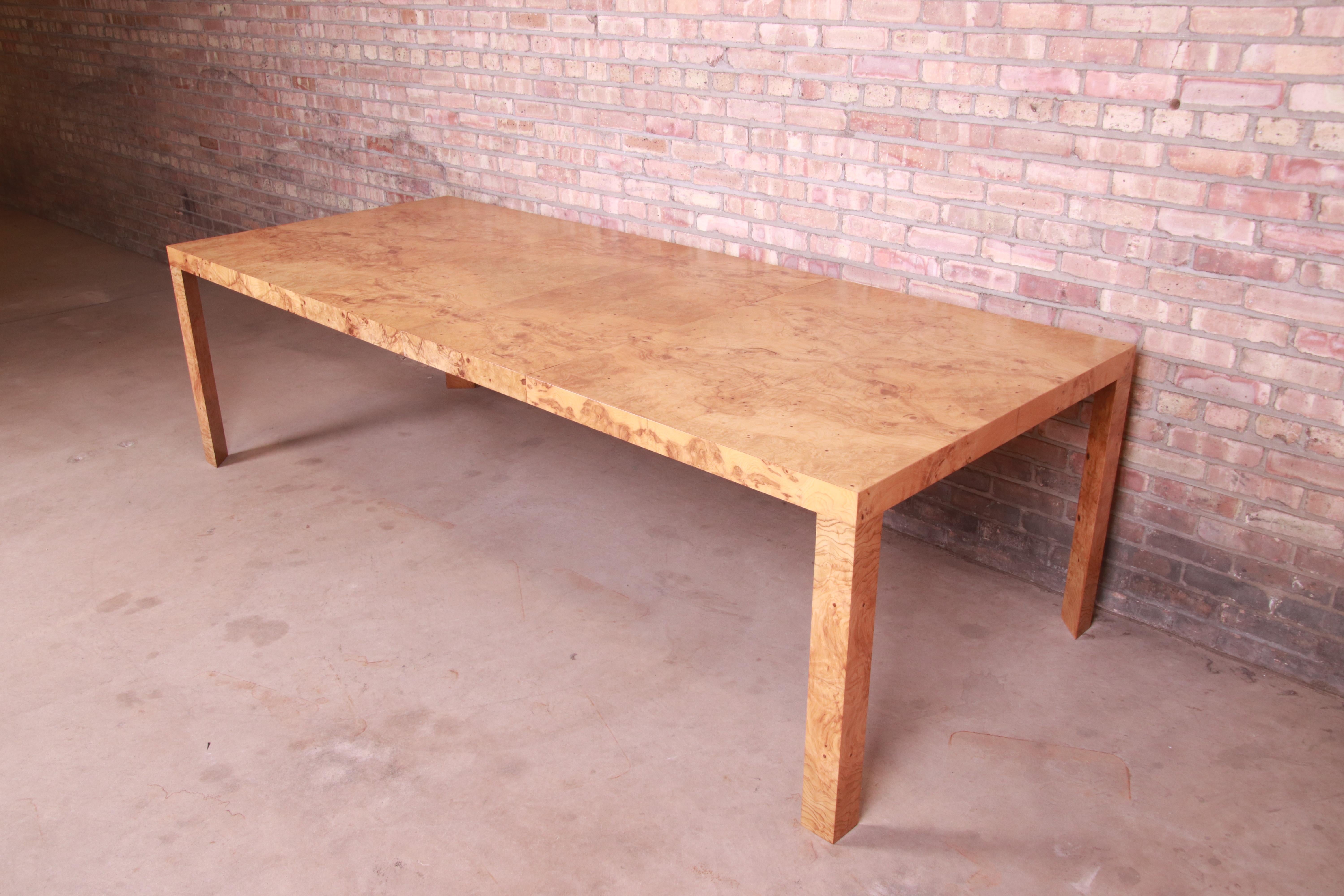 American Roger Sprunger for Dunbar Burl Wood Extension Dining Table, Newly Refinished