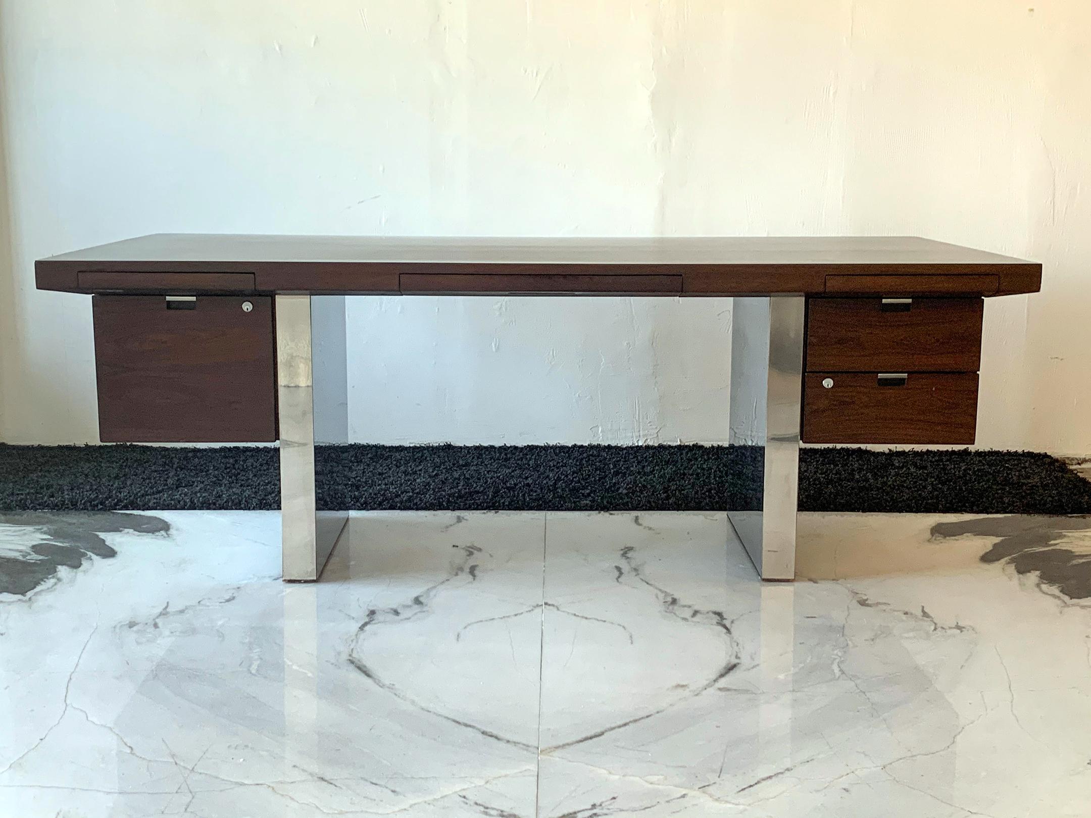 American Roger Sprunger for Dunbar Rosewood and Chrome Executive Desk