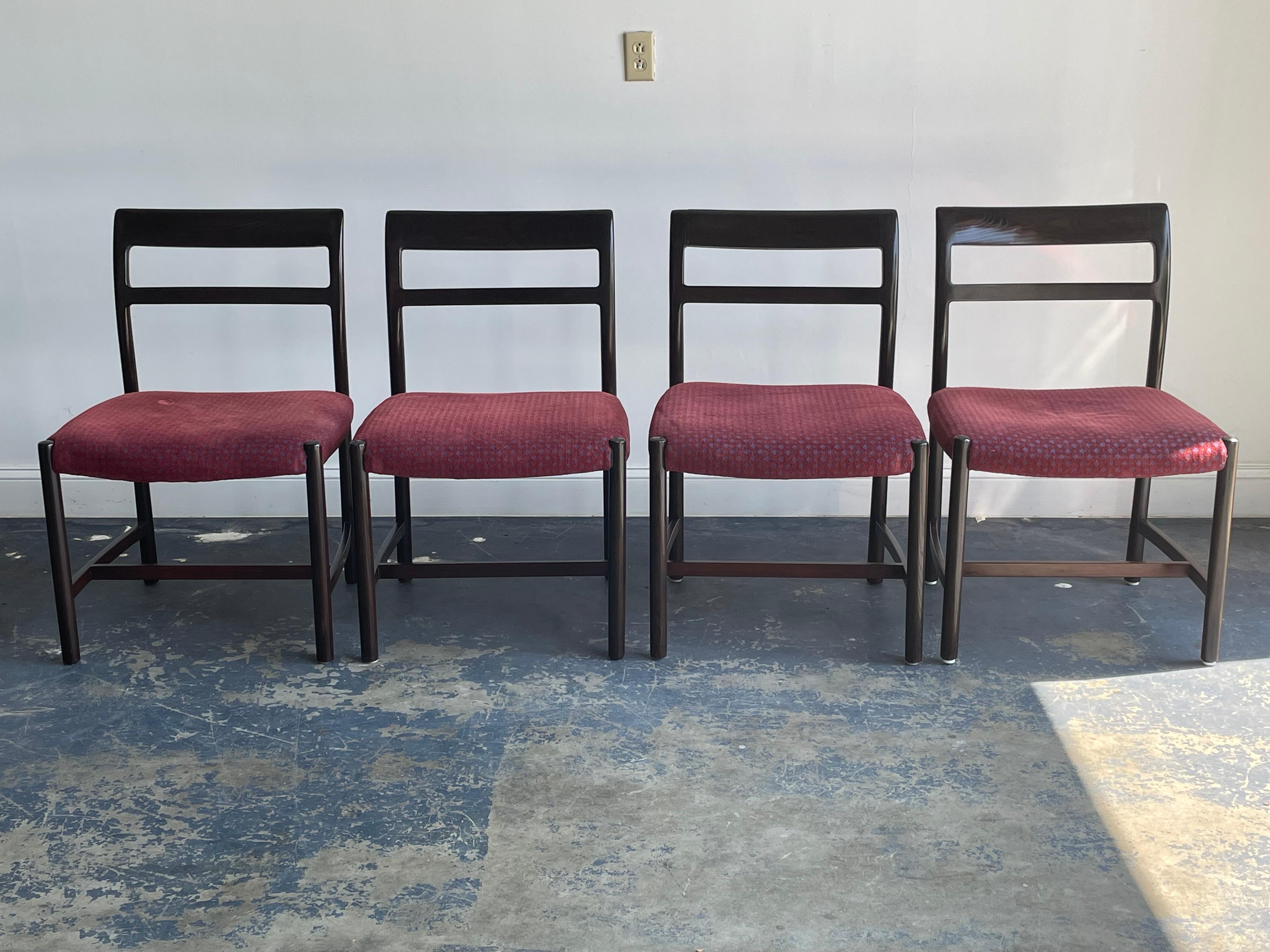 Wonderful set of four side chairs designed by Roger Sprunger for Dunbar in a dark stained ash.