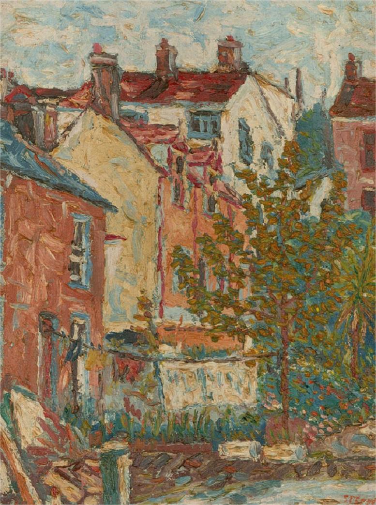 Roger Steppens (nato nel 1956) - Olio del XX secolo incorniciato, Case a terrazza 1