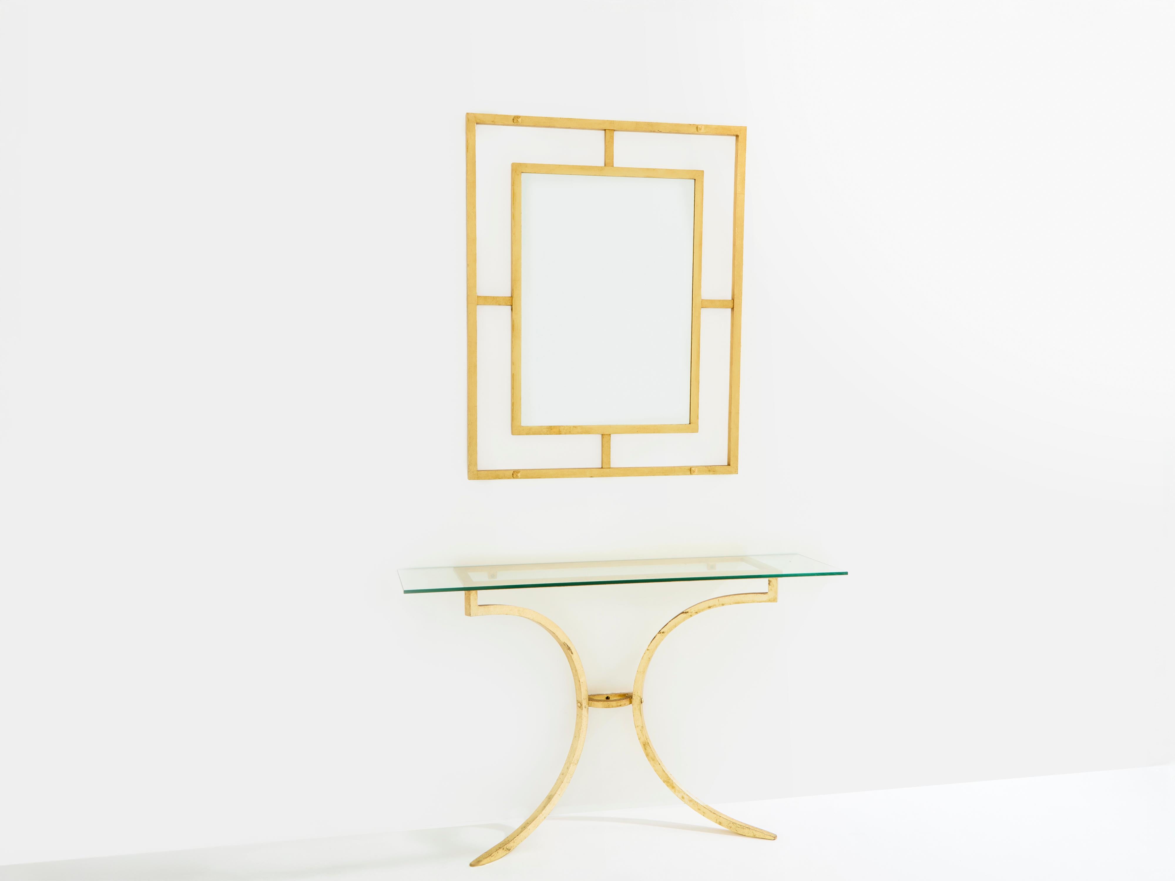Mid-Century Modern Roger Thibier gilt wrought iron console table with mirror 1960s For Sale