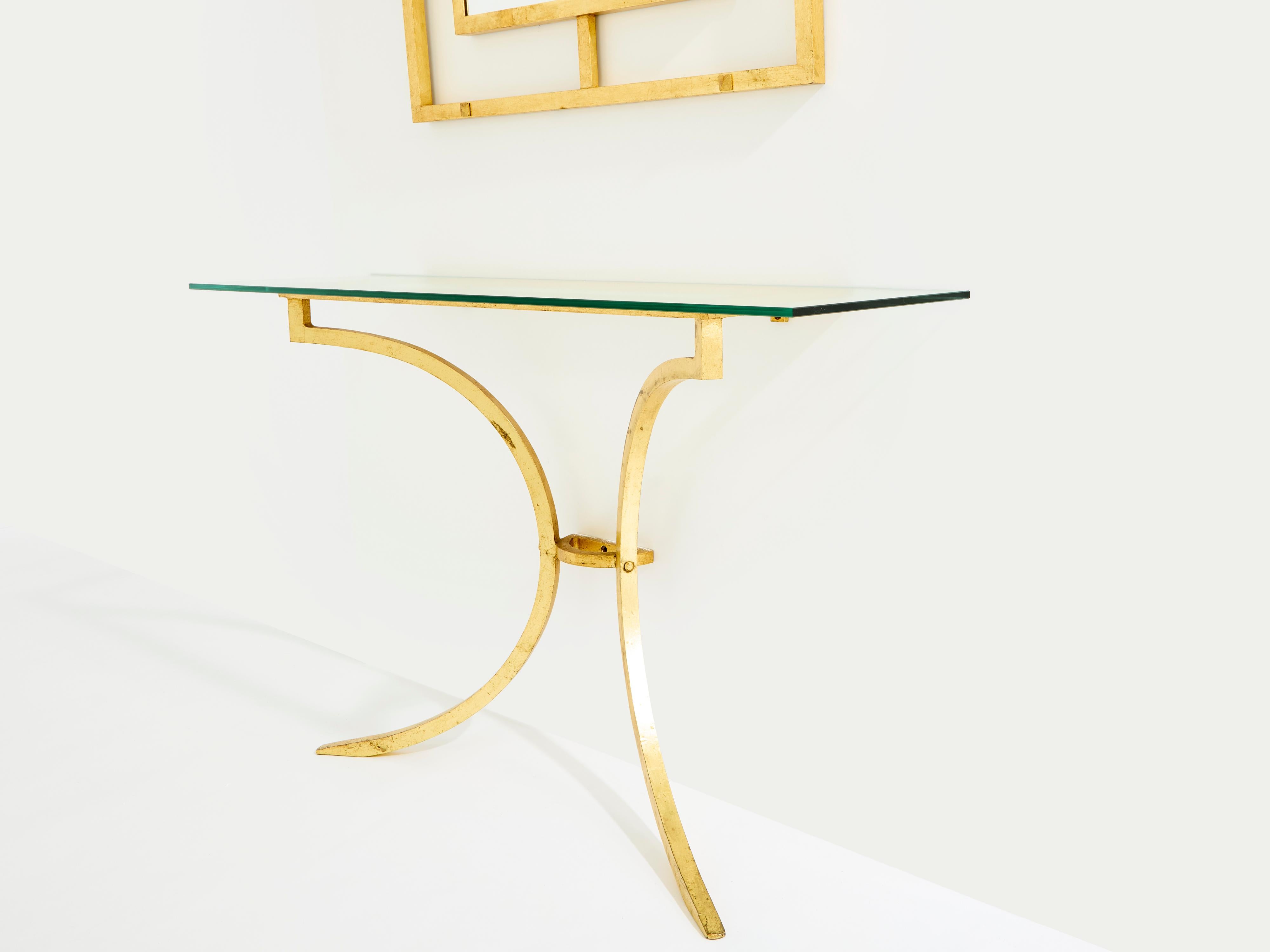 French Roger Thibier gilt wrought iron console table with mirror 1960s For Sale