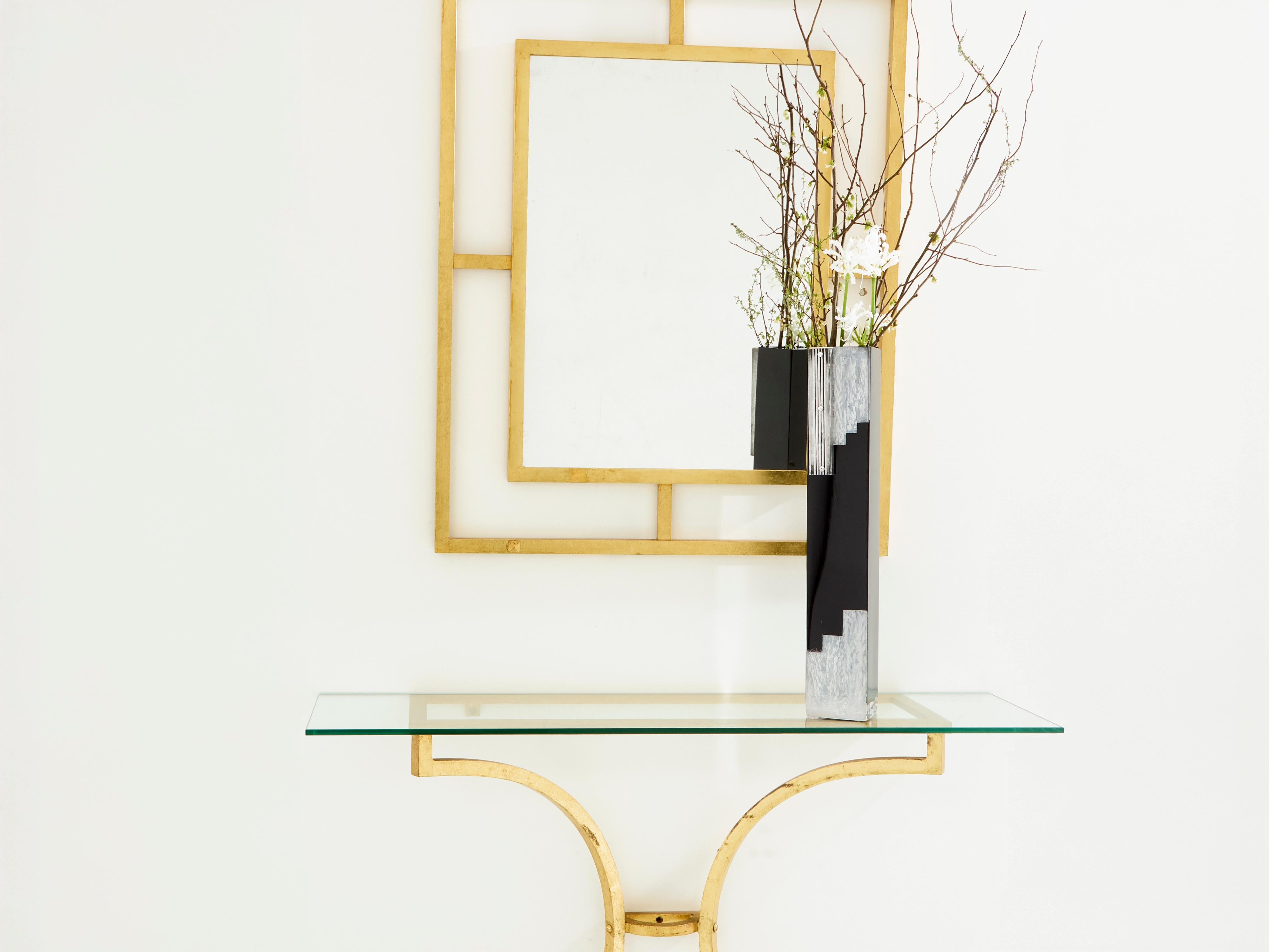 Wrought Iron Roger Thibier gilt wrought iron console table with mirror 1960s For Sale