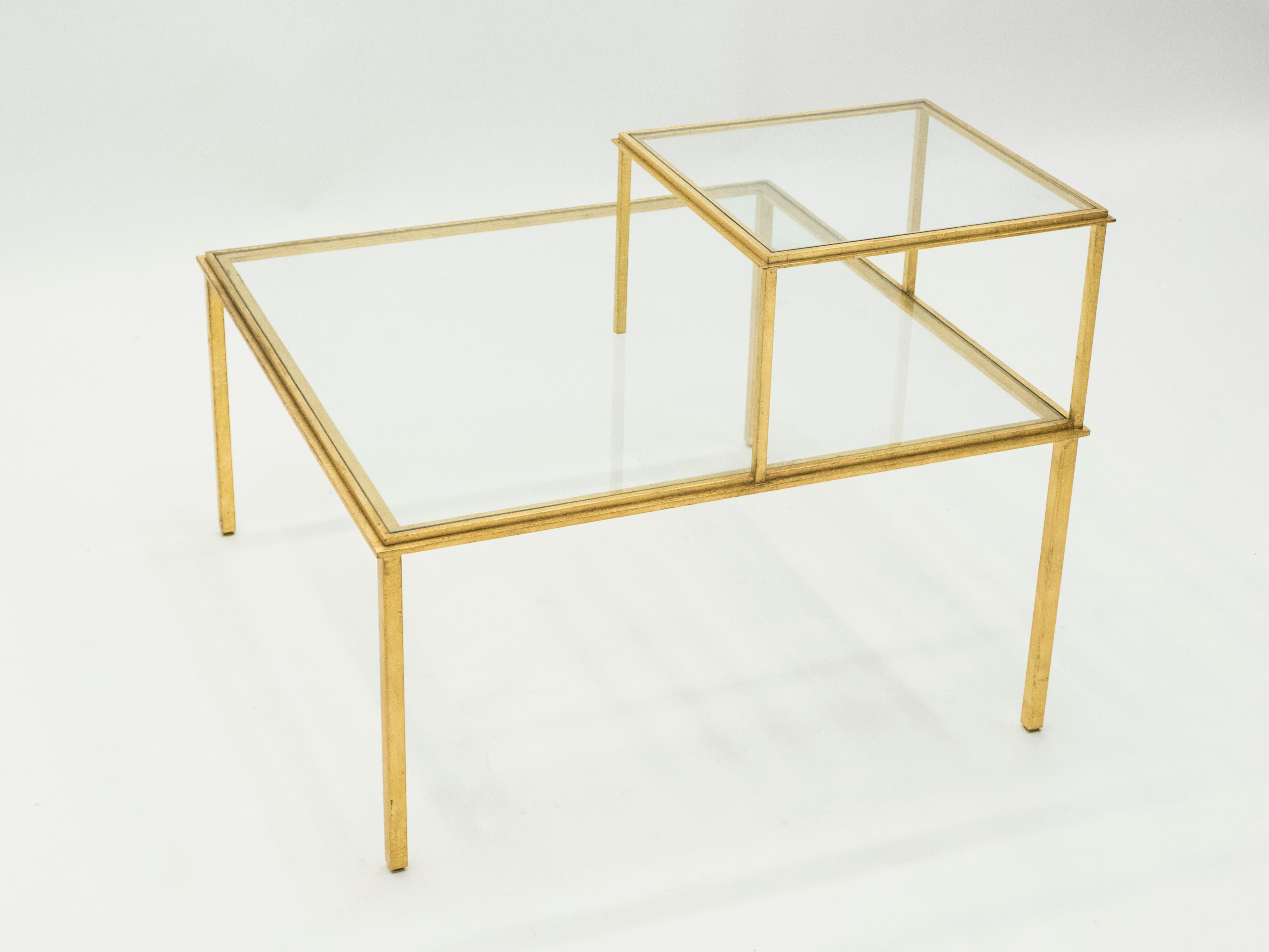 Mid-Century Modern Roger Thibier Gilt Wrought Iron Glass Coffee or End Table, 1960s For Sale