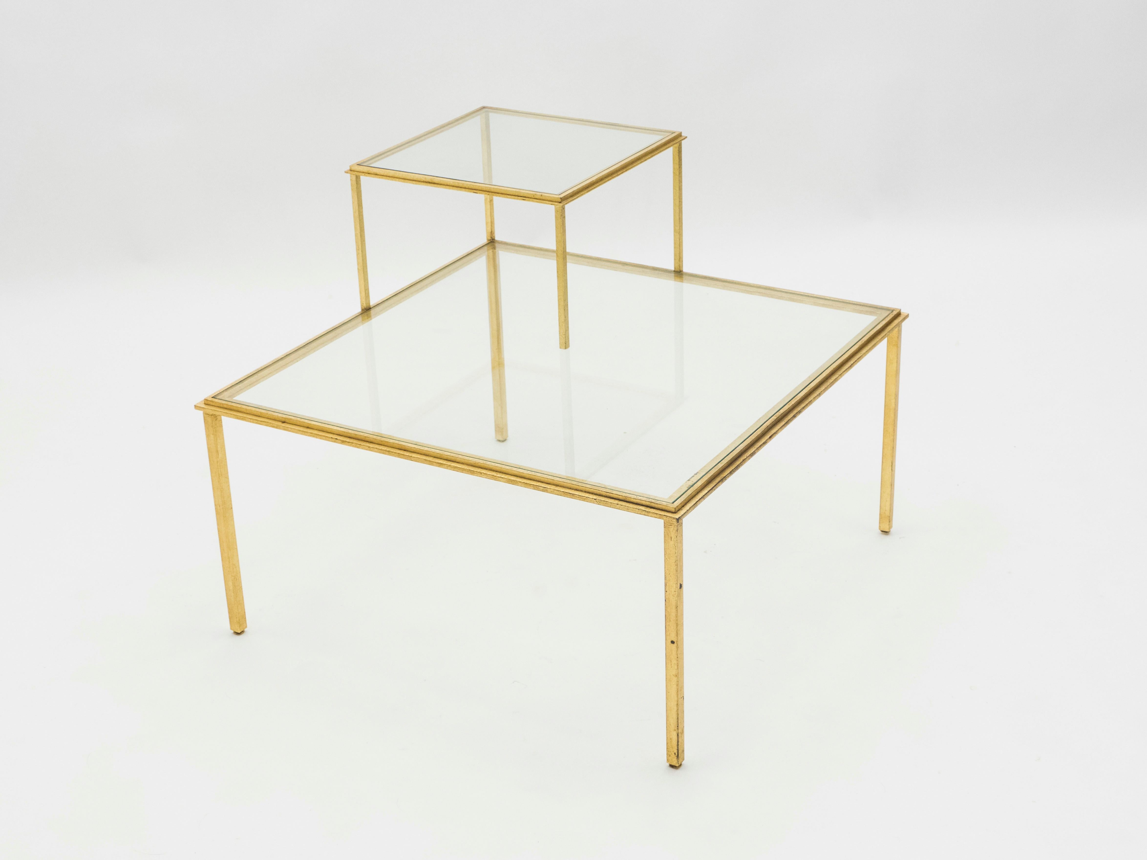 French Roger Thibier Gilt Wrought Iron Glass Coffee or End Table, 1960s For Sale
